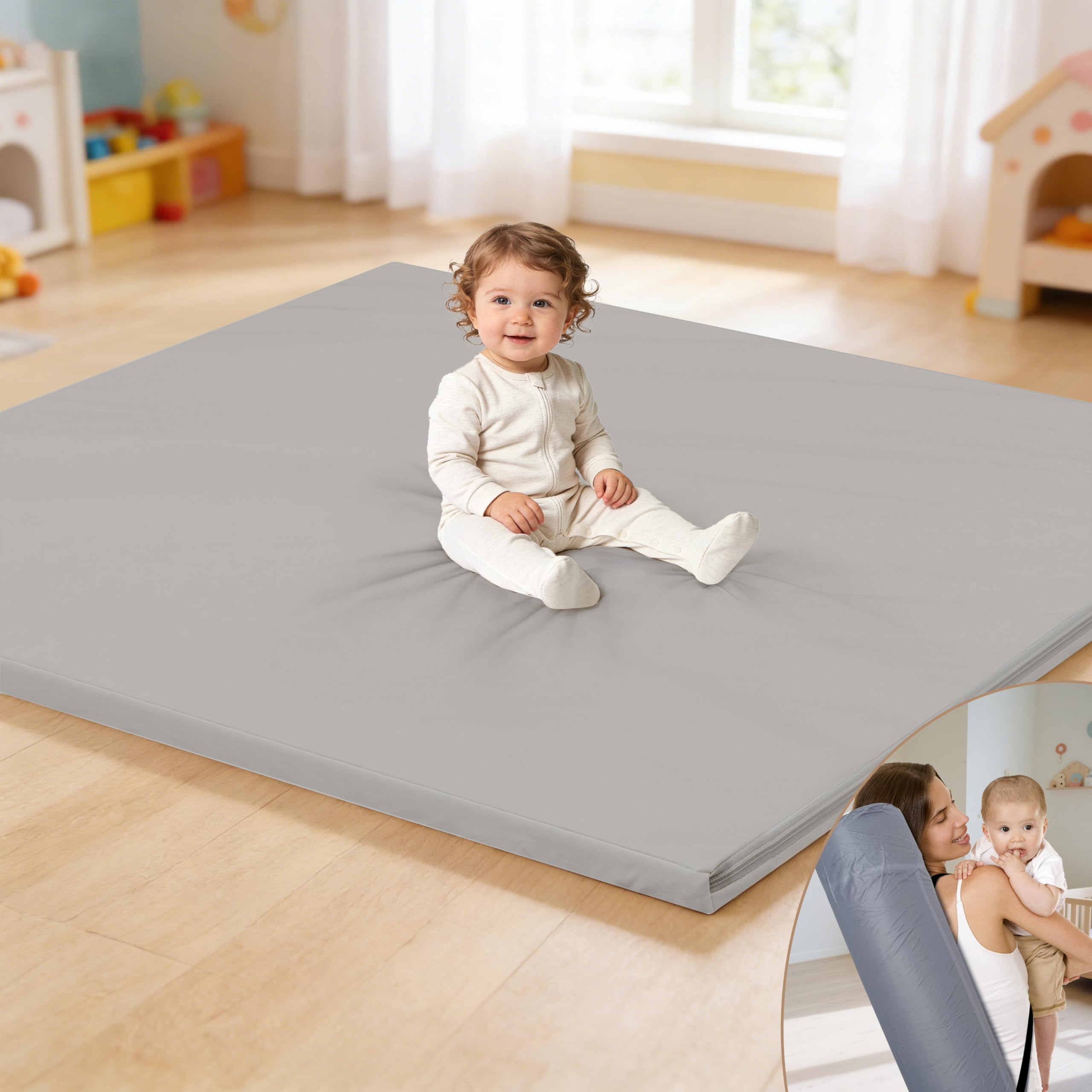 Photo 1 of HARBOLLE Baby Play Mat 47x47 Inches, Extra Thick 1.2" Foam Floor Mat for Tummy Time & Crawling, Waterproof Non-Slip Faux Leather Playpen Mat for Infants Toddlers, Indoor Outdoor Gym Activity, Gray