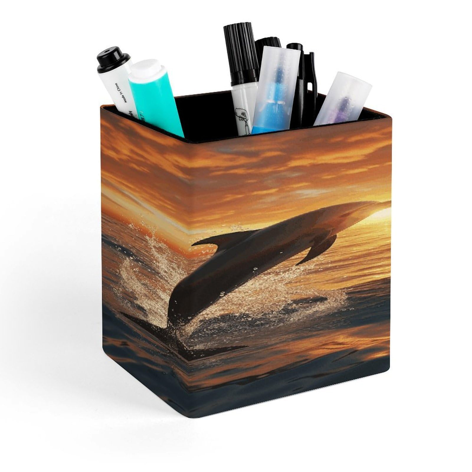 Dolphins Jumping Out of The Water at Sunset Pencil Holder for Desk Square Leather Pen Holder Cup Desktop Organizer Multi-Functional Pencil Cup Holders Modern Decorative Desk Organizer Caddy Makeup Bru