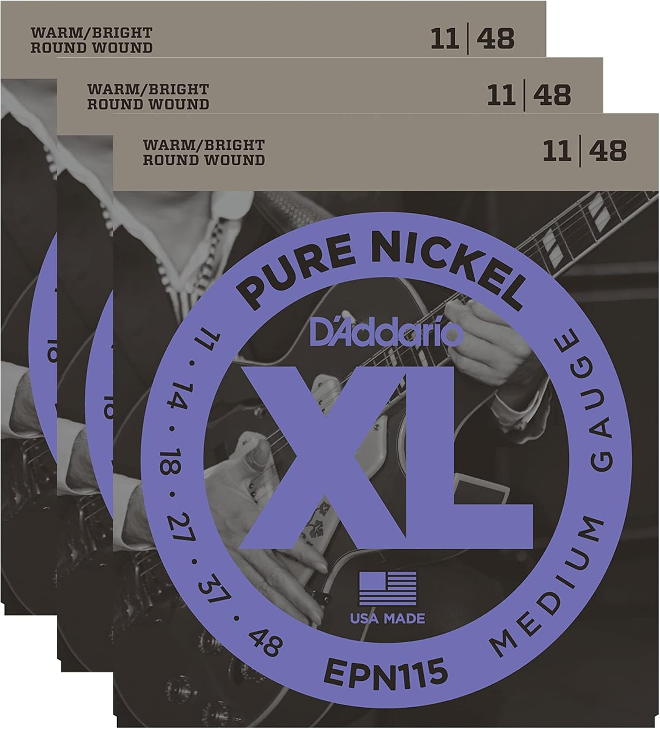 D'Addario EPN115 Pure Nickel Electric 11-48 Blues/Jazz Rock (3 Pack Bundle)