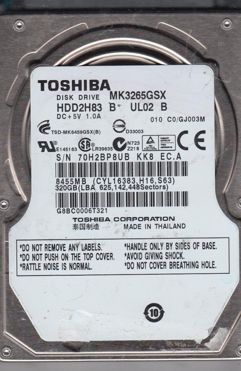 Toshiba MK3265GSX, C0/GJ003M, HDD2H83 B UL02 B, 320GB SATA 2.5 Disco Duro