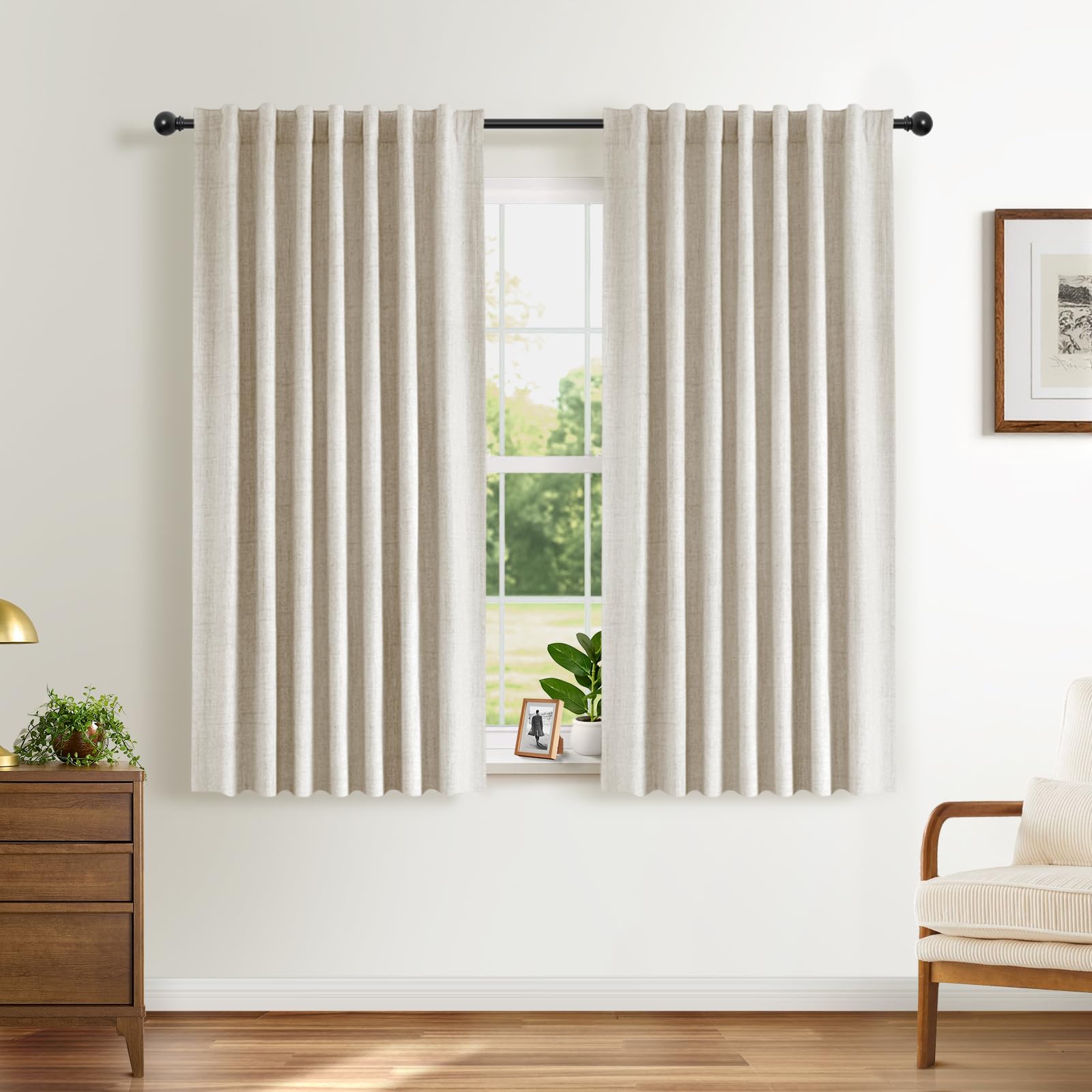 INOVADAY 100% Blackout Curtains for Bedroom 63 Inch Drop 2 Panels Thermal Insulated Curtains for Living Room, Back Tab Rod Pocket Cream Curtains with Coating Back Layer,46" W x 63" L