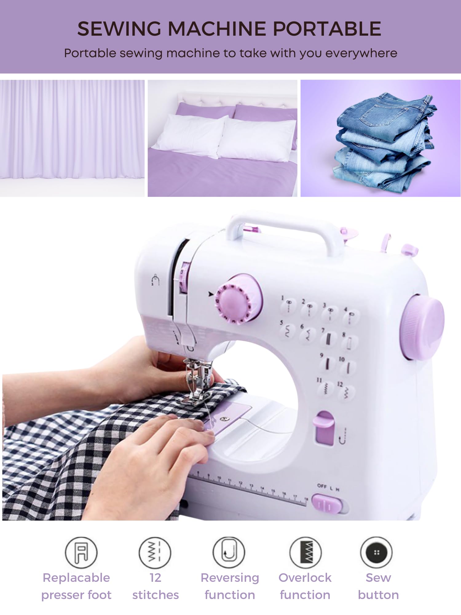 Máquina de Coser Portátil con 2 Velocidades y 12 Puntadas. Incluye Pedal, Kit de Costura, Luz de Trabajo y Cortador de Hilo. Funciona con Cable o Pilas AA (no incluidas)