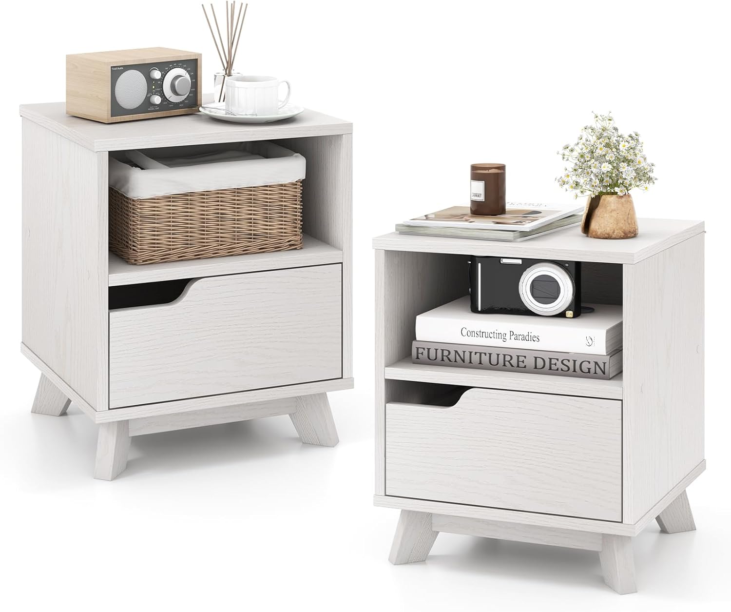 GOFLAME Nightstand with Drawer Set of 2, Modern Sofa Side Table with Open Shelf, Space-Saving End Table, Bedside Table for Bedroom, Study, Distressed White