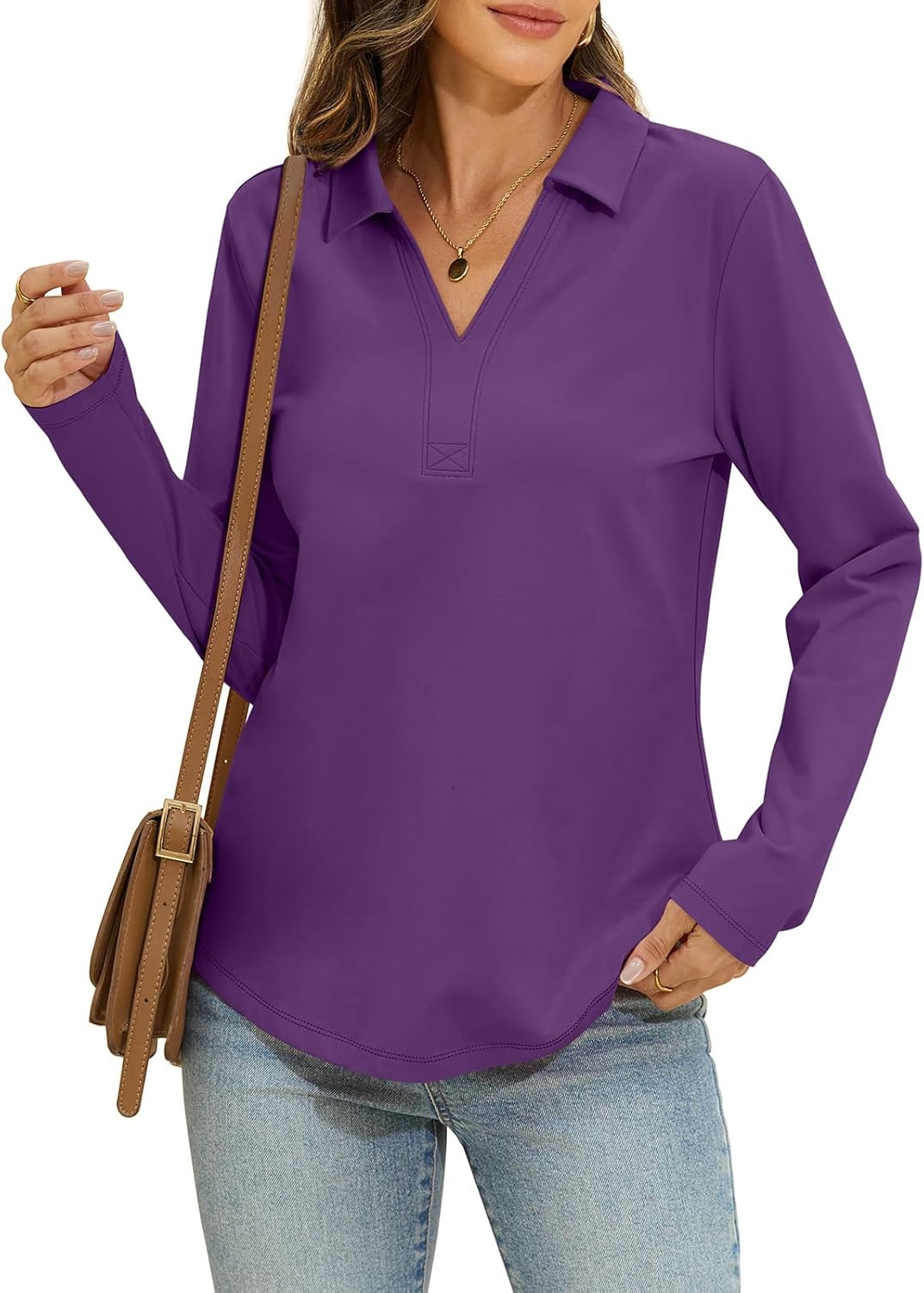 Womens Cotton Long Sleeve Polo Shirts Casual V Neck Collared Tops Loose Fit Work Blouses Spring Outfits 2026