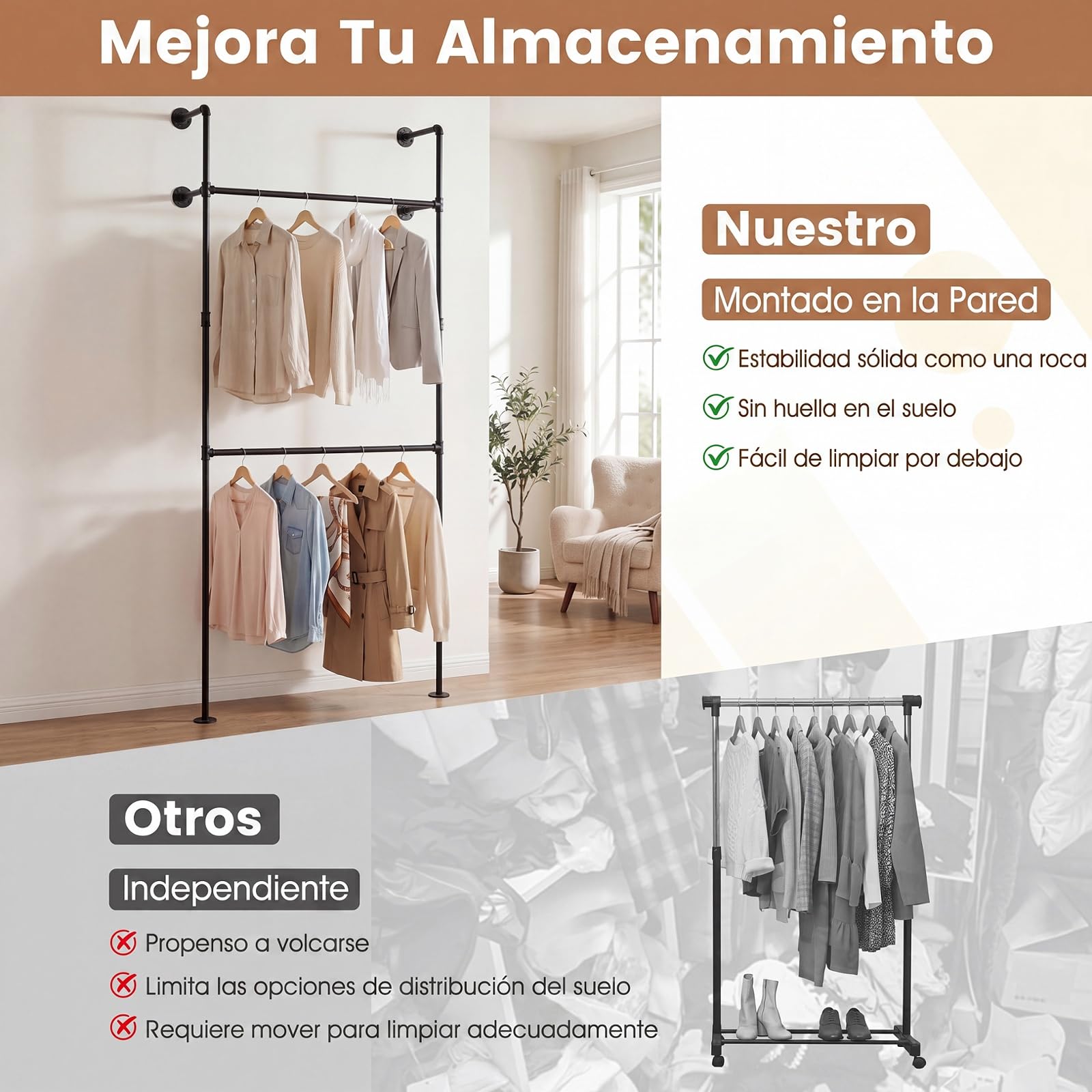 COSTWAY Perchero de Pared con 2 Barras para Colgar,106 x 32 x 227 cm