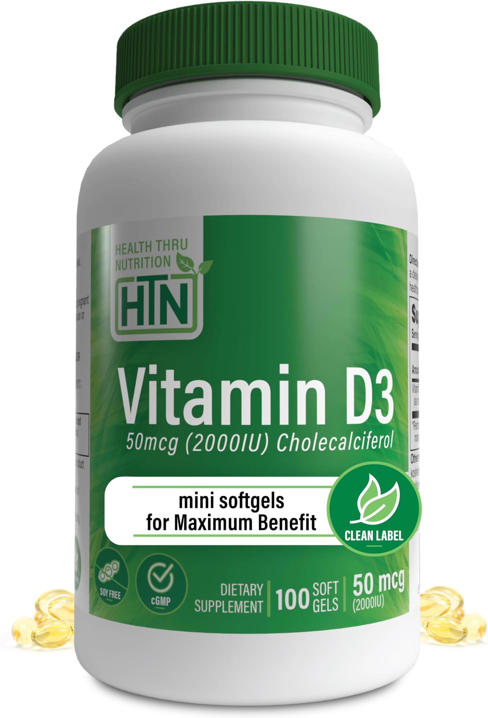 Health Thru Nutrition Vitamin D3 2,000 IU Softgels: Maximum Absorption & Immune Support with Organic Extra Virgin Olive Oil (100 Mini Capsules)