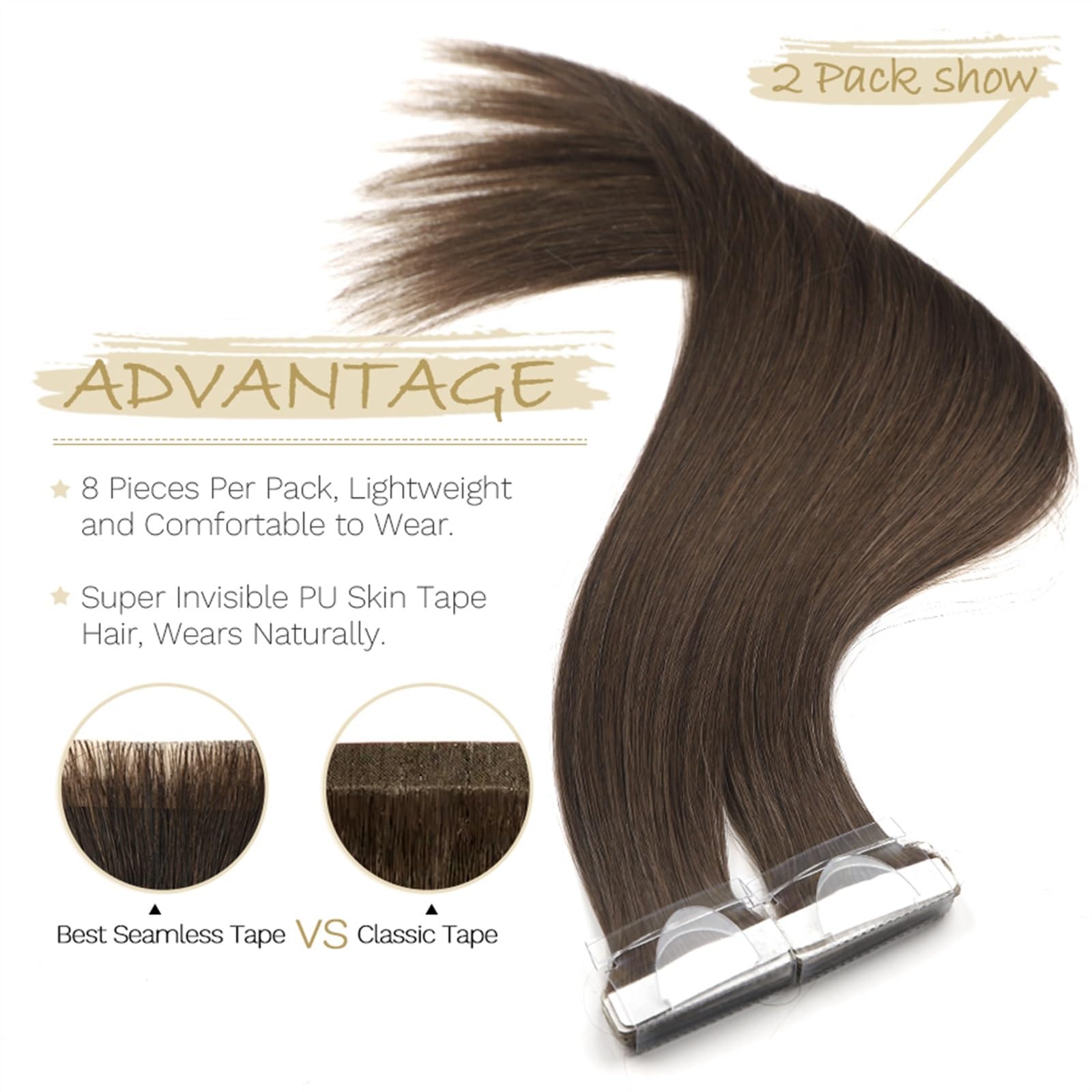 Cinta Adhesiva de Trama de Piel de PU for Extensiones de Cabello con Cinta Adhesiva de salón, Cabello Humano Real, 100% Remy, Natural, 12/16/20/24 Pulgadas, Liso(20 Inches)
