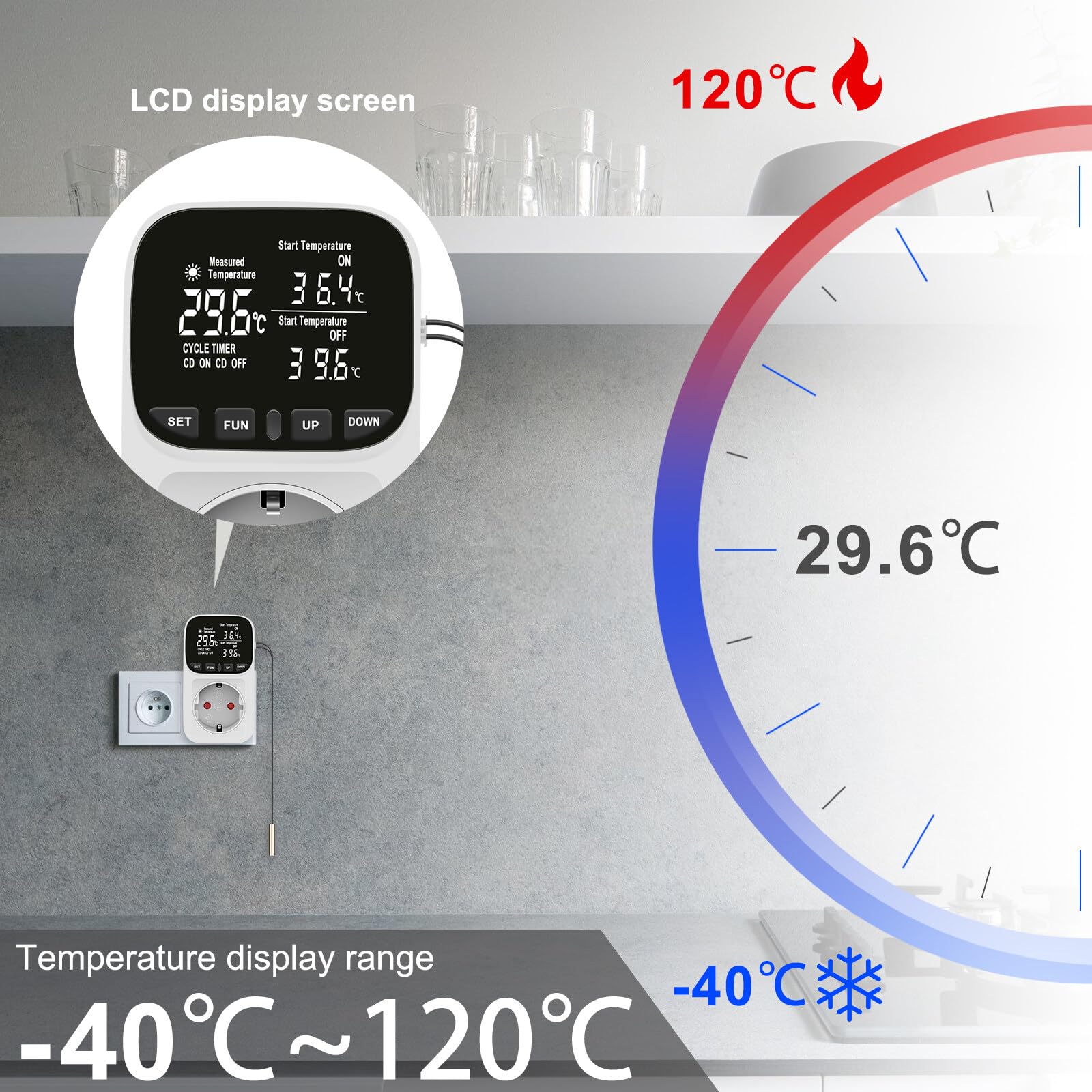 Thermostat Steckdose 230V Digitaler Temperaturregler Heizung Kühlen Thermostat mit Fühler Sonde Wasserdicht Temperaturschalter Digital Steckerthermostat für Gewächshaus, Aquarium, Terrarium Reptilien