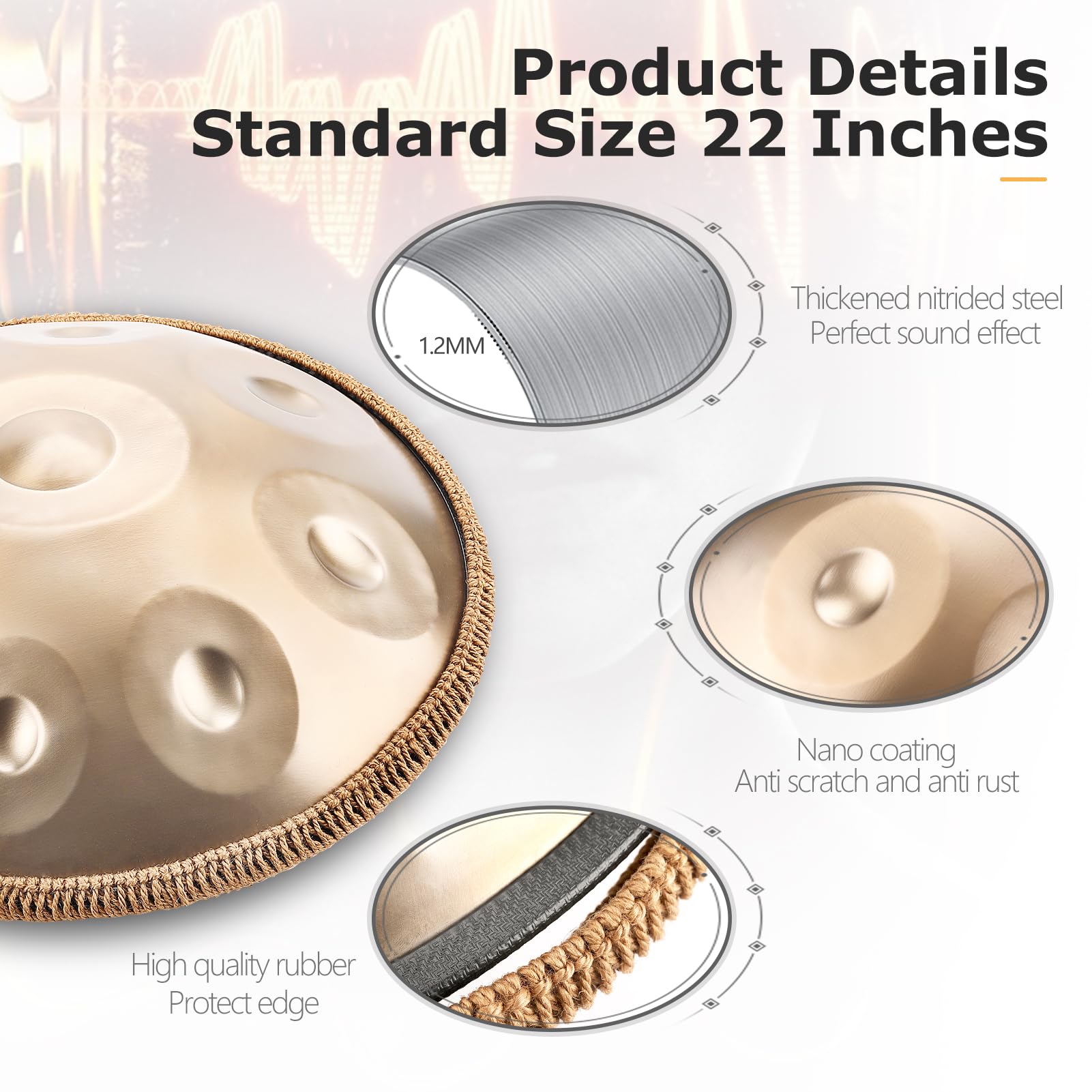 Handpan 432/440 Hz, 9/10 Töne 22 Zoll in D Moll Handpan, Steel Handpan Instrument (440Hz-9Töne-GD)