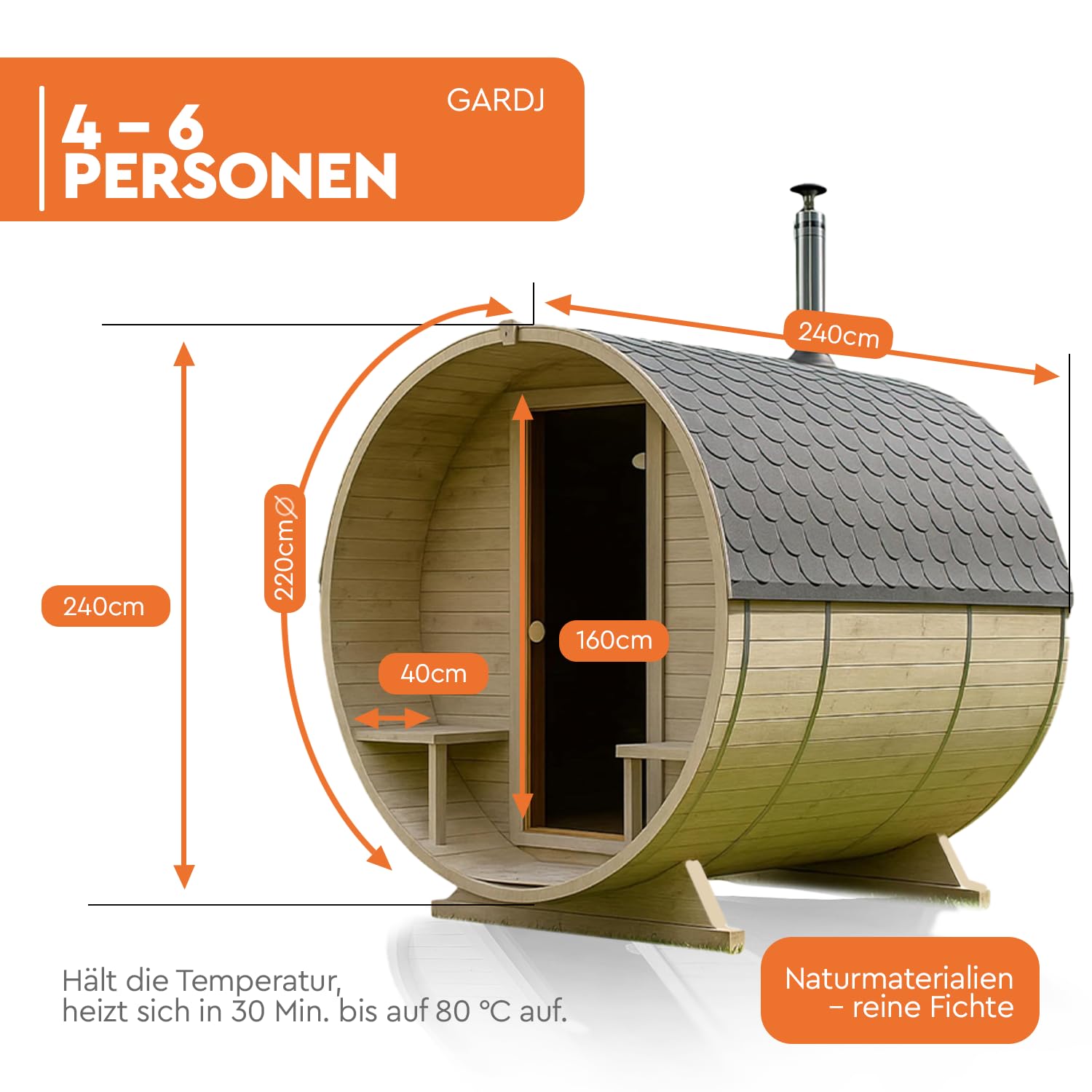 Fasssauna aus nordischer Fichte Garten Outdoor Sauna 240 cm Runde Holzofen inkl. Zubehörset