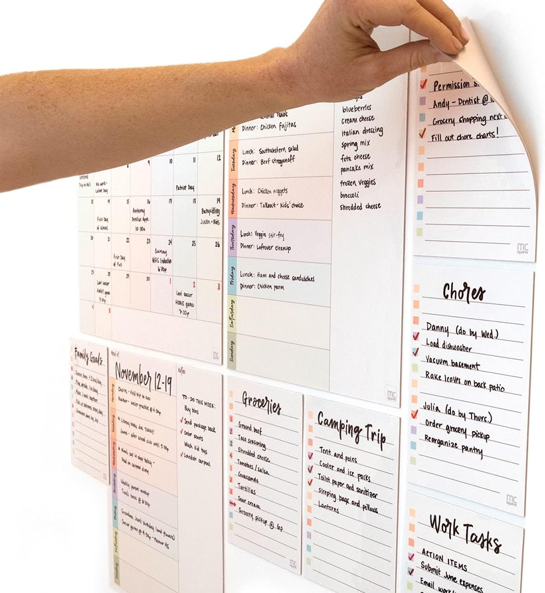 M.C. Squares Reusable Monthly Calendar Whiteboard. Schedule clings to Stainless Steel & Glass (Any Shiny Surface) Included smudge-free wet-erase Tackie Marker, Made in the USA : Health & Household