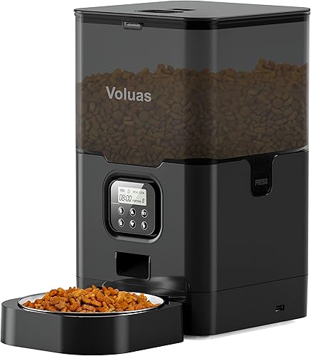 Voluas Alimentador automático para gatos, programable, portátil, grabable por voz, almacenamiento de alimentos de 6 L, acero inoxidable, plástico ABS