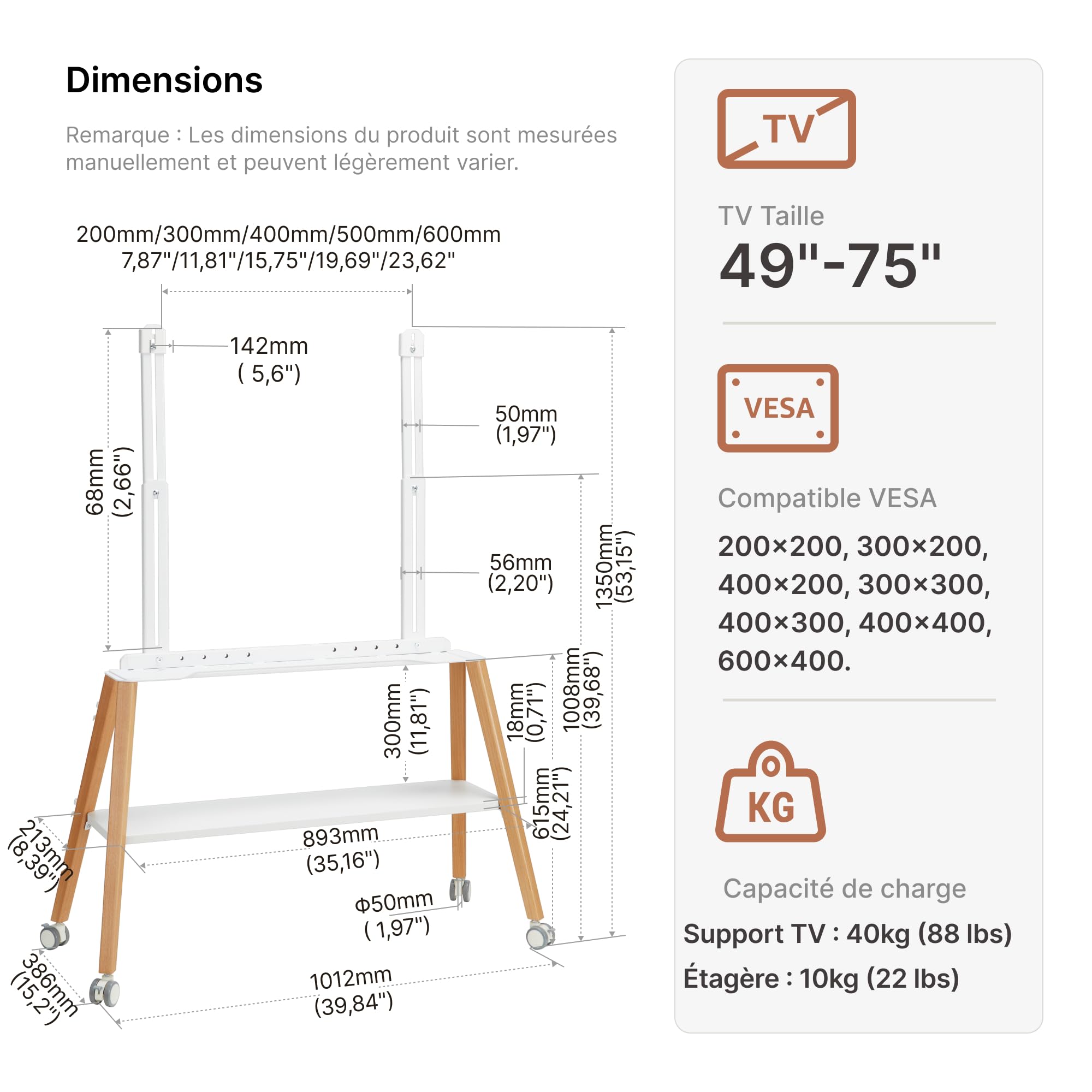 Support TV avec roulettes pour étagère Mobile de 49 à 75 Pouces | jusqu'à 40 kg, design Easel en métal et bois, idéal pour magasin, bureau, école et maison, Max VESA 600*400MM, Blanc