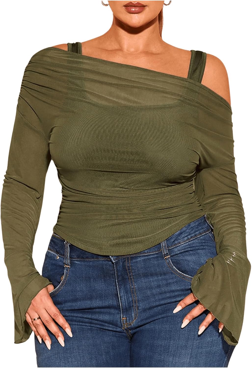 WDIRARA Women's Plus Size 2 in 1 Off Shoulder T Shirt Ruched Sheer Bell Long Sleeve Tee 4X-Large Plus Green