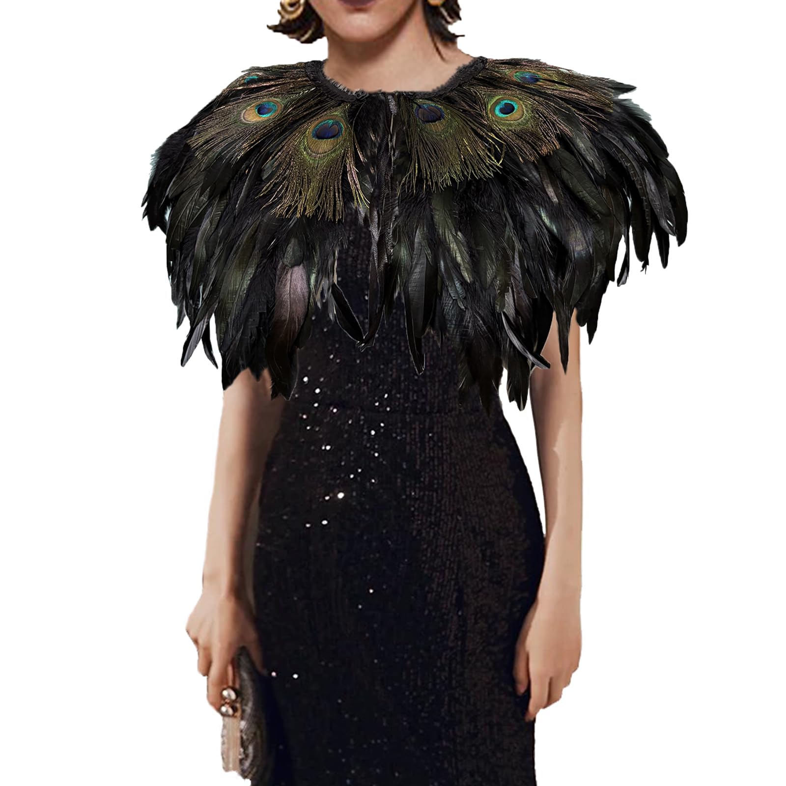 Yoodeet Handmade Feather Shawl Peacock Feather Cape Collar, Black Feathers with Iridescent Eyes