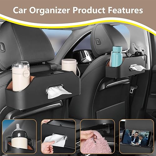 Miniatura 3 de Organizador de asiento trasero de automóvil con 2 portavasos para bebidas, soporte para pañuelos, ganchos para asiento de automóvil para