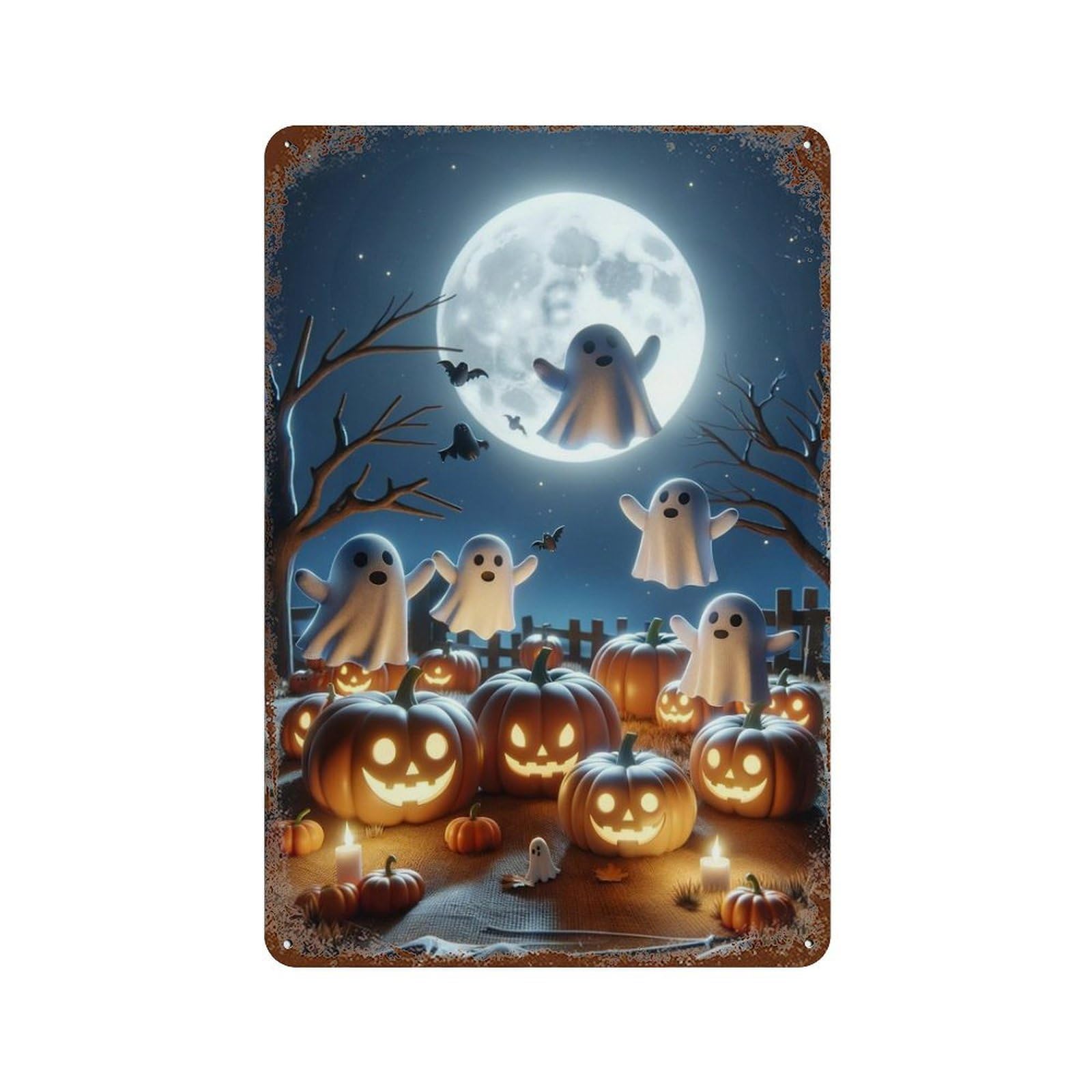 Decorative Tin Sign with Halloween Ghosts And Pumpkins-3 Design 11.8"x7.9", for Basement, Hobby Room And Garage Decor, Farmhouse Wall Decor