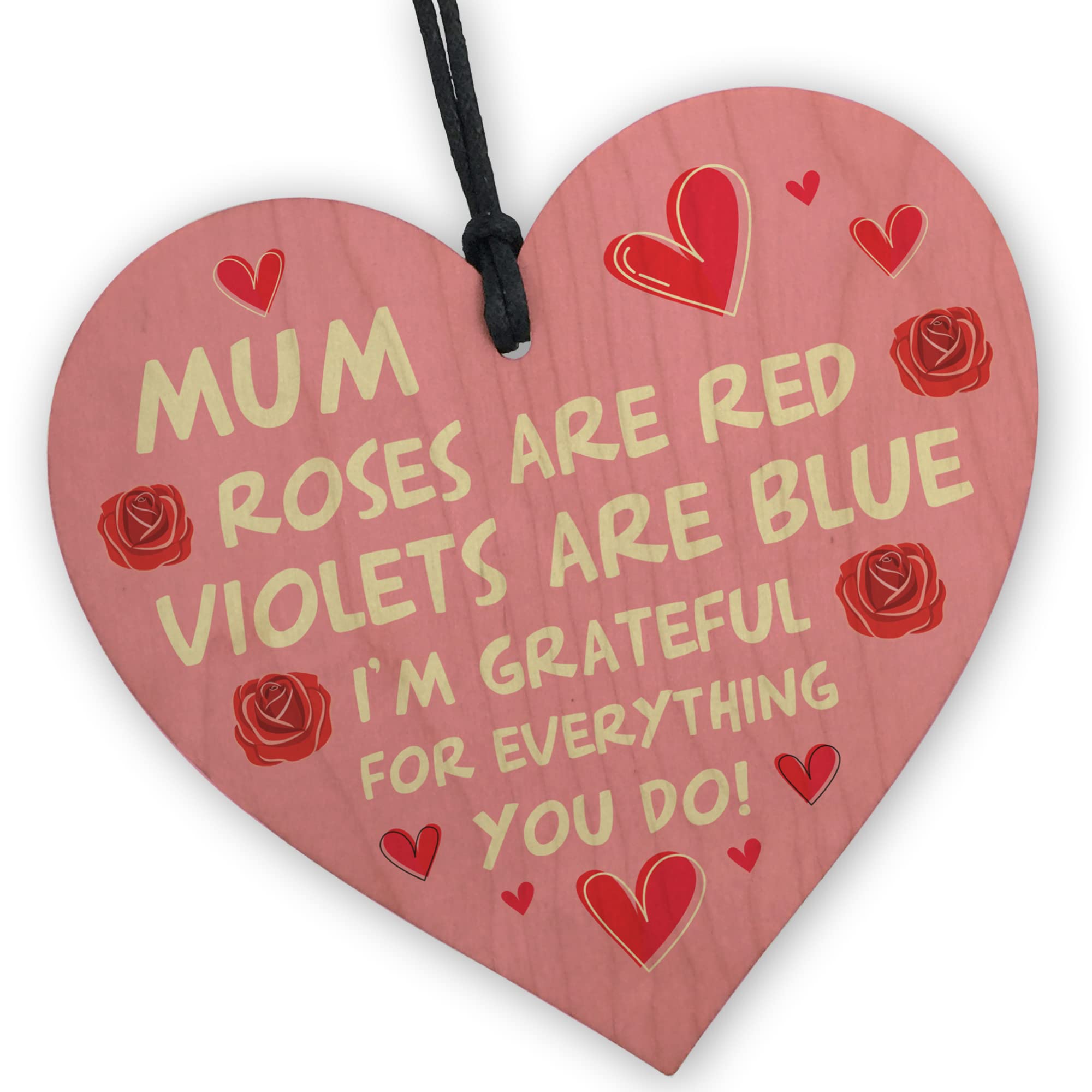 Red Ocean Mum Grateful for You Wooden Heart - Handcrafted Keepsake with Heartfelt Message | Gift for Birthday, Mother's Day or Saying Thank You | Decorative Sign