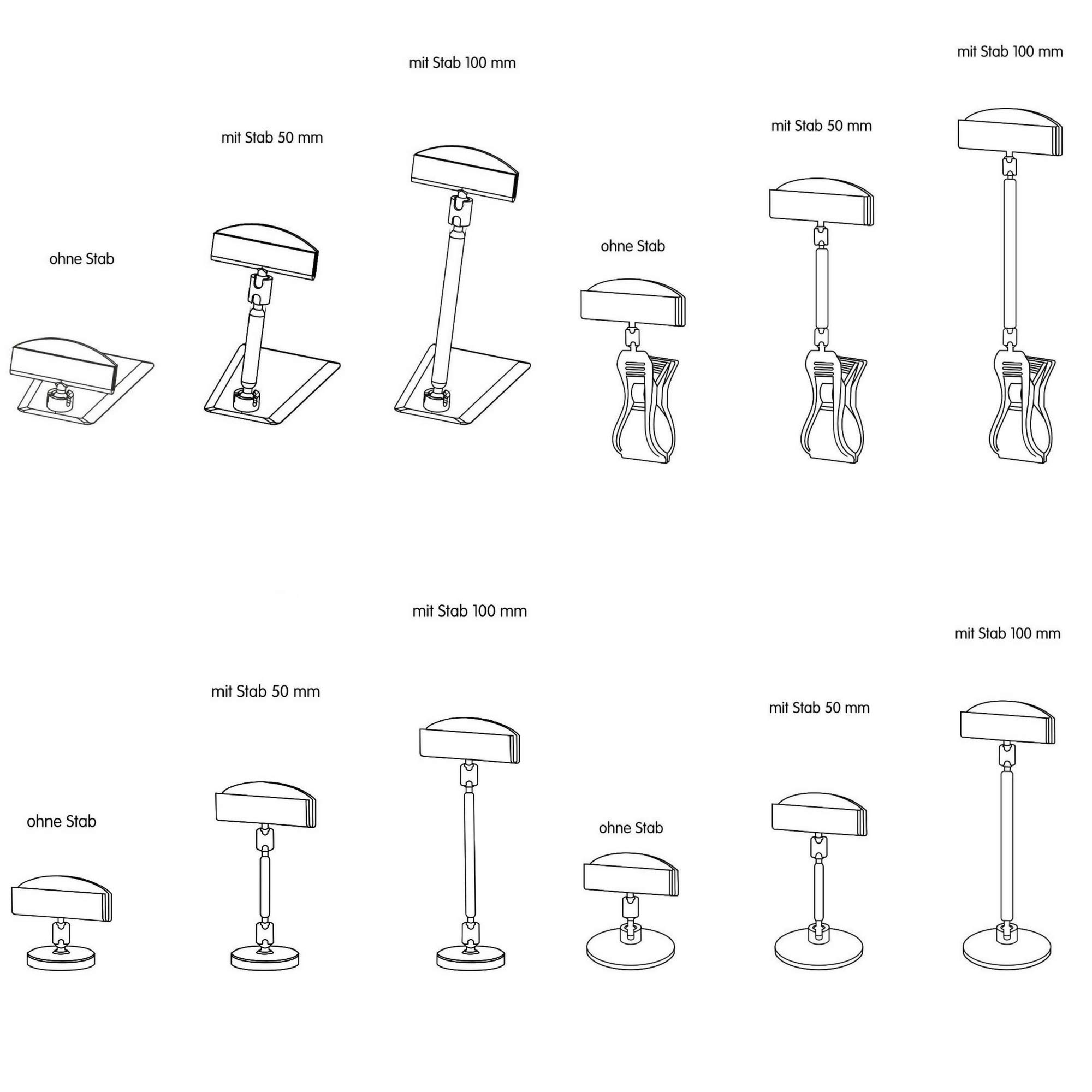 Preisschildhalter für Gewerbe, Büro, Gastronomie und Einzelhandel mit rundem/eckigen Fuß, Klemme, Magnet | 10 Stück | transparent | Set dreiteilig | 50mm (Magnet, 50mm Stab) 470-050