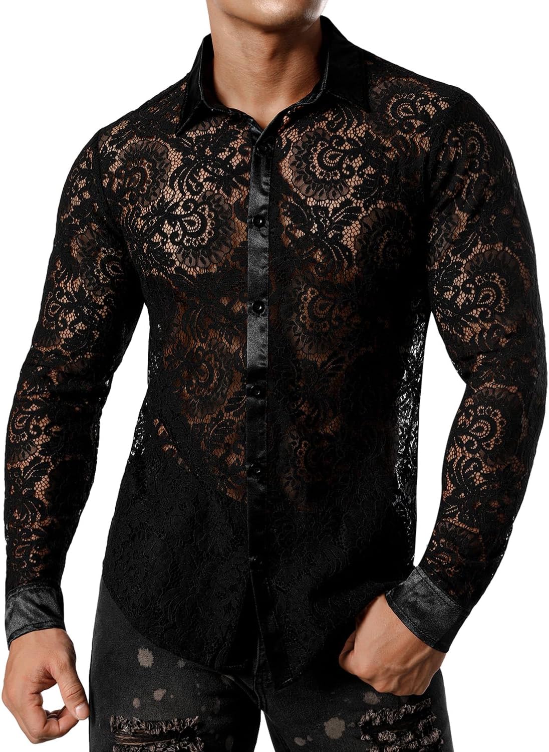 JOGAL Men's See Through Flower Lace Sheer Blouse Long Sleeve Button Down Shirts