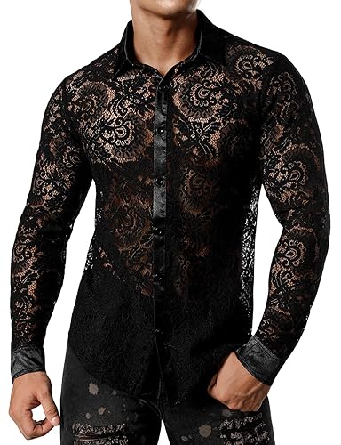 JOGAL Men's See Through Flower Lace Sheer Blouse Long Sleeve Button Down Shirts - Black X-Large