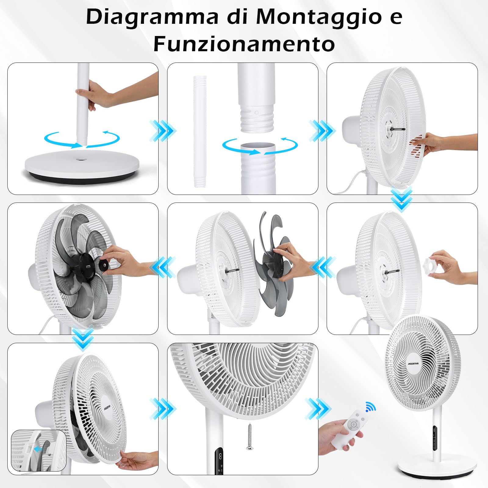 Aigostar Ventilatore a Piantana Silenzioso con Motore DC, 30dB, 9 Velocità e 3 Altezze Regolabili, Telecomando, Timer 9H, 7 Pale Aerodinamiche, Ideale per Camera da Letto e Ufficio, 30W, Bianco