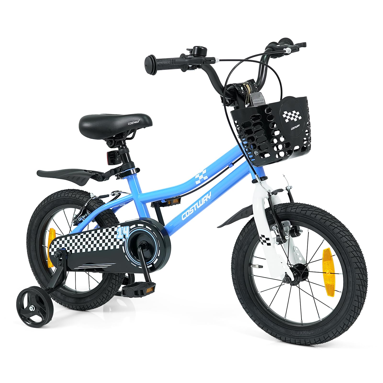 COSTWAY Kinderfahrrad mit Korb, 14/16 Zoll Fahrrad mit höhenverstellbarem Sattel & Lenker, Kinderrad mit Klingel, Schutzblech & Stützrädern für 3-7 Jahren Jungen & Mädchen