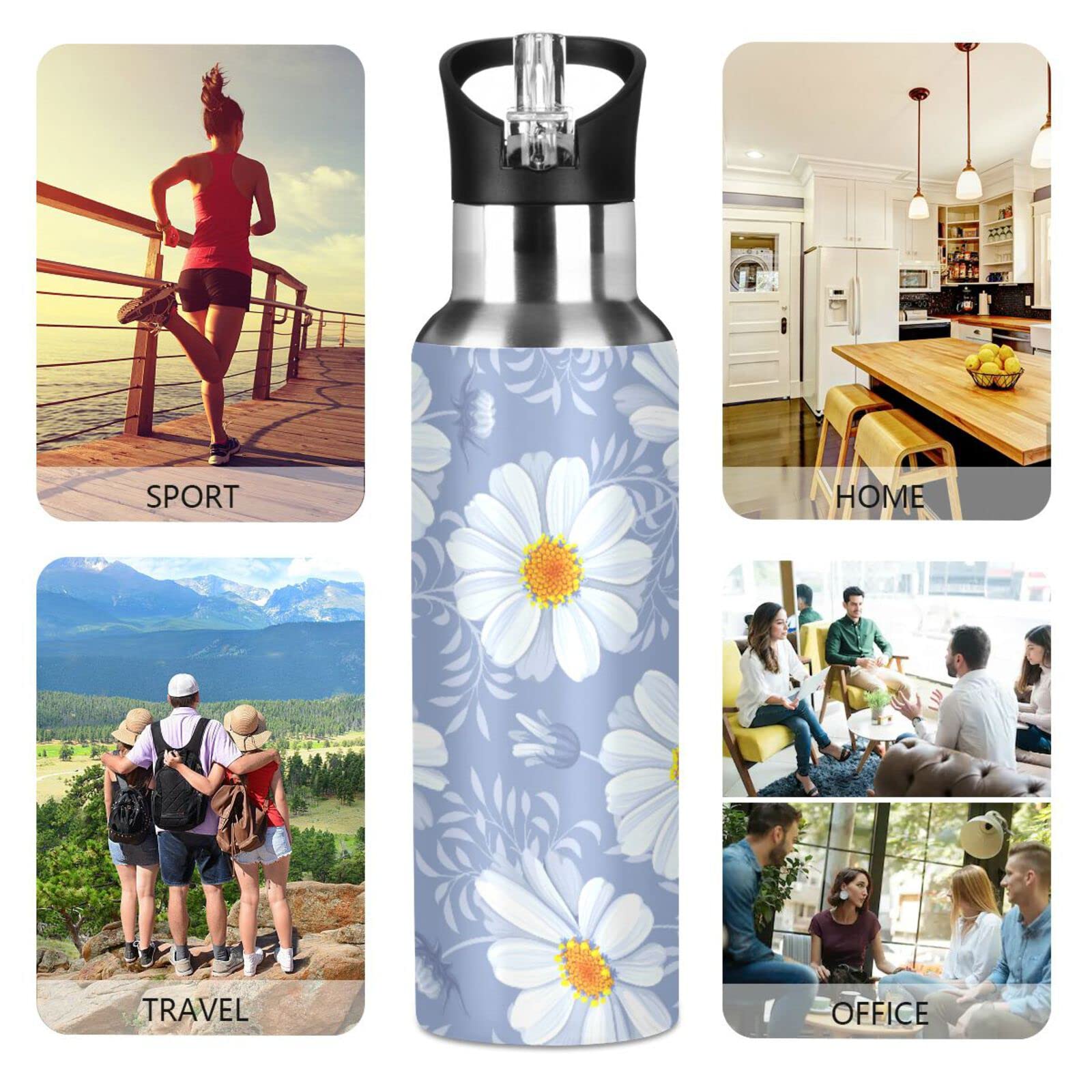 Retro Flower Daisy Leak Free Insulated Bottles with Handle