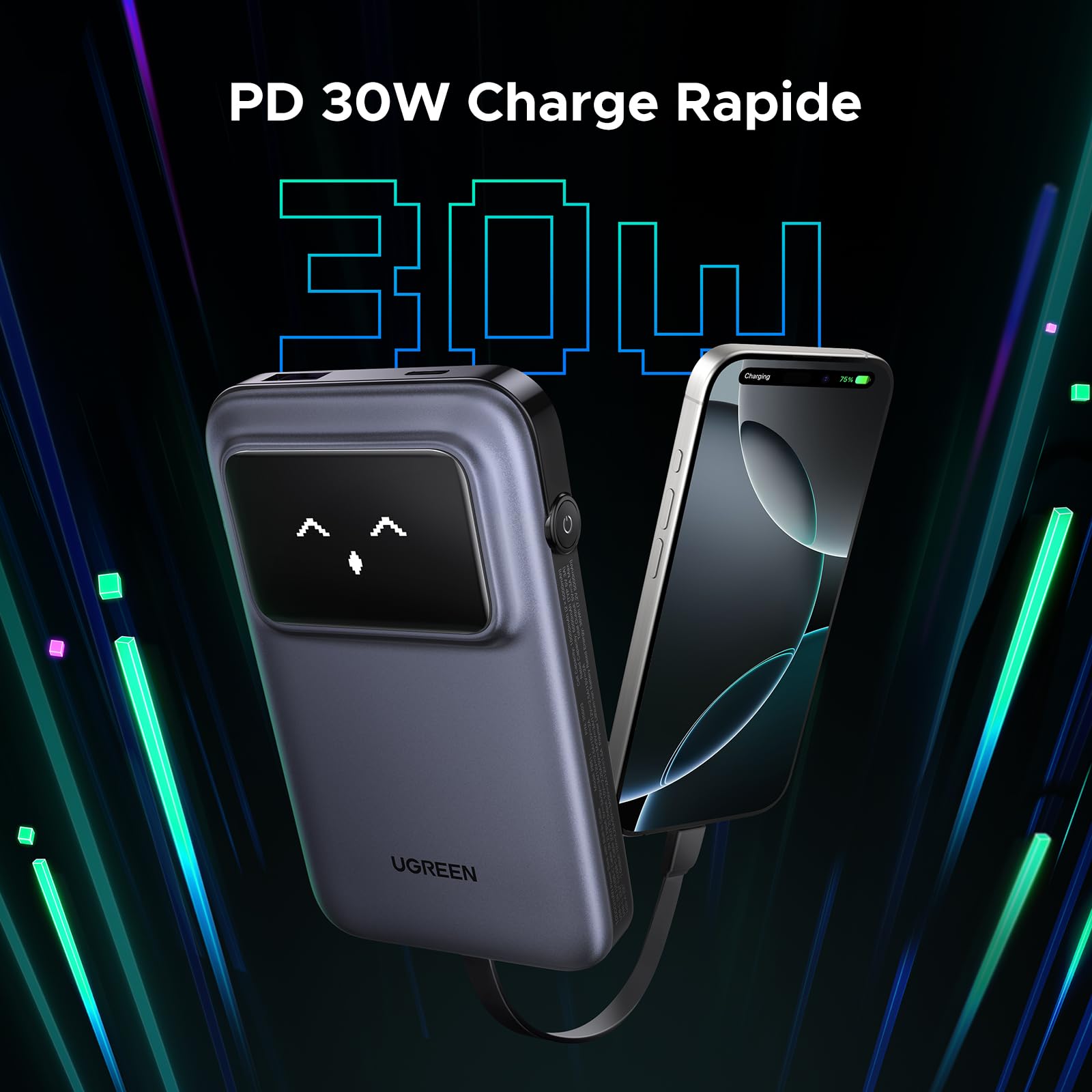 UGREEN Uno Batterie Externe 10000mAh 30W Câble USB C Intégré Power Bank Portable Charge Rapide Emoji Affichage Compatible avec iPhone 17 16 15 14 13 Air Plus Pro Max Galaxy S25 S24 S23 iPad