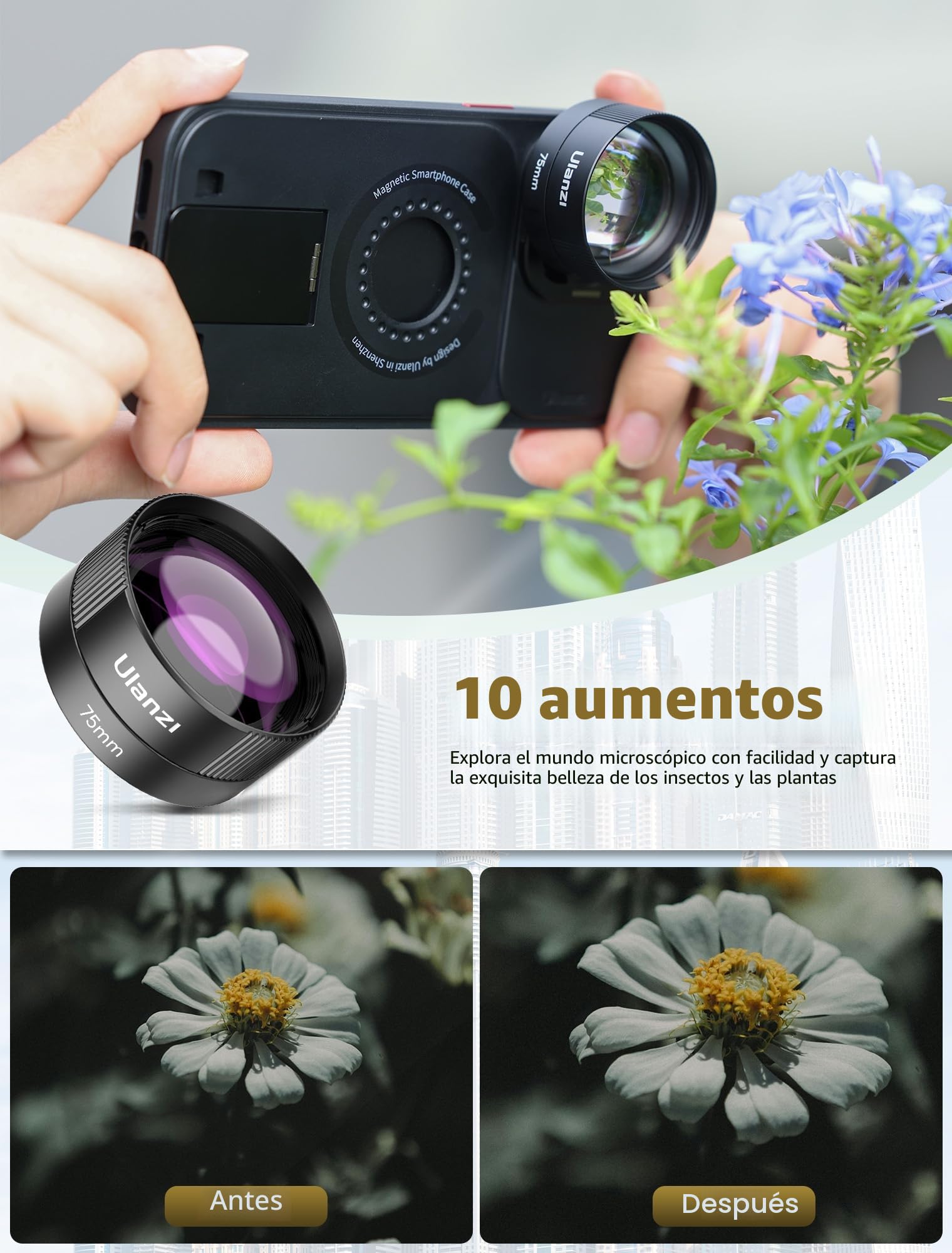 ULANZI CL-003 Lente Macro para Móvil, 75mm Lente de Cámara para Teléfono Móvil, 110x Aumento HD, Juego de Lente de Cámara con Clip de 17mm Compatible con iPhone Samsung Xiaomi Smartphones