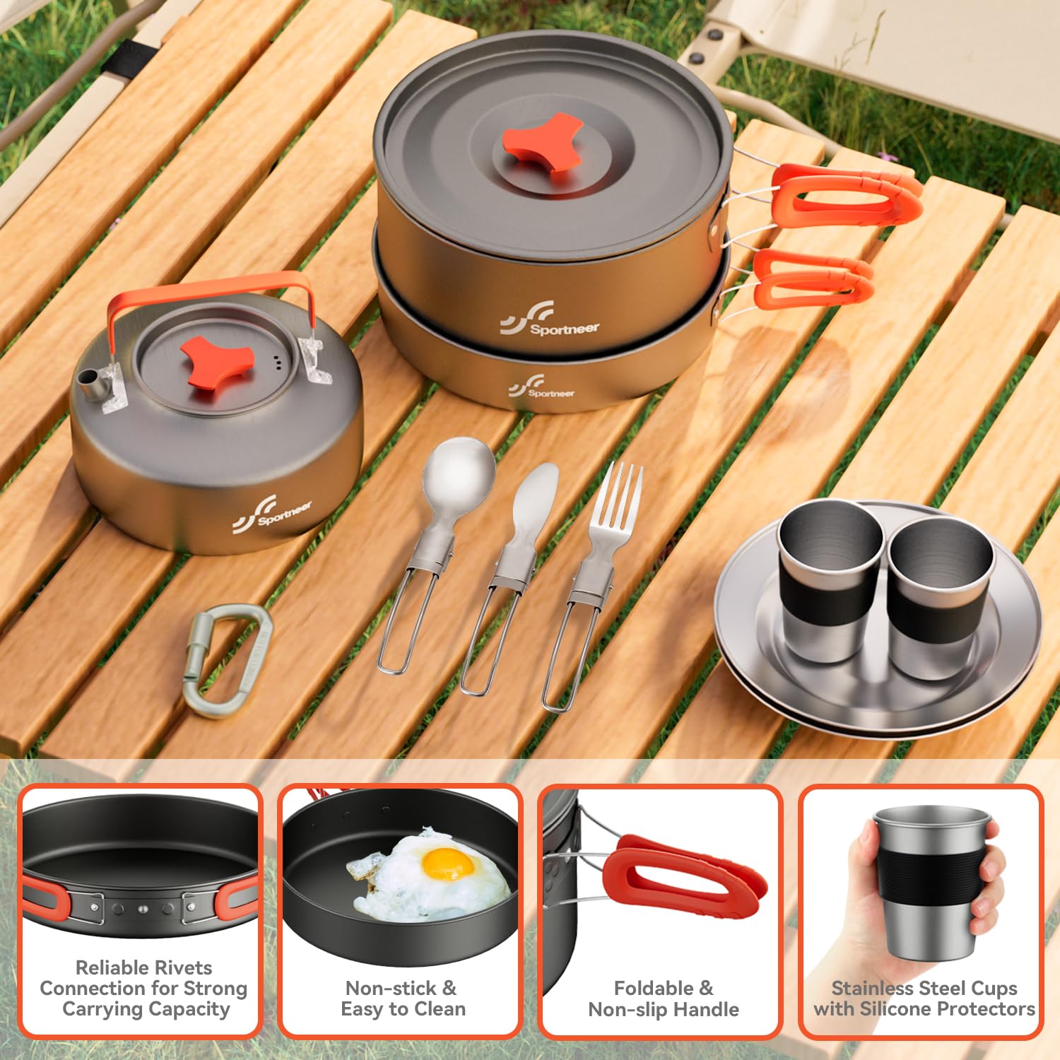 Camping Kochgeschirr Camping Geschirr Set 2 Personen Camping Topf Pfanne Set Und Wasserkocher Mit Tassen Teller Messer LöFfel Gabeln, Camping Besteckset Für Outdoor Picknick Wandern