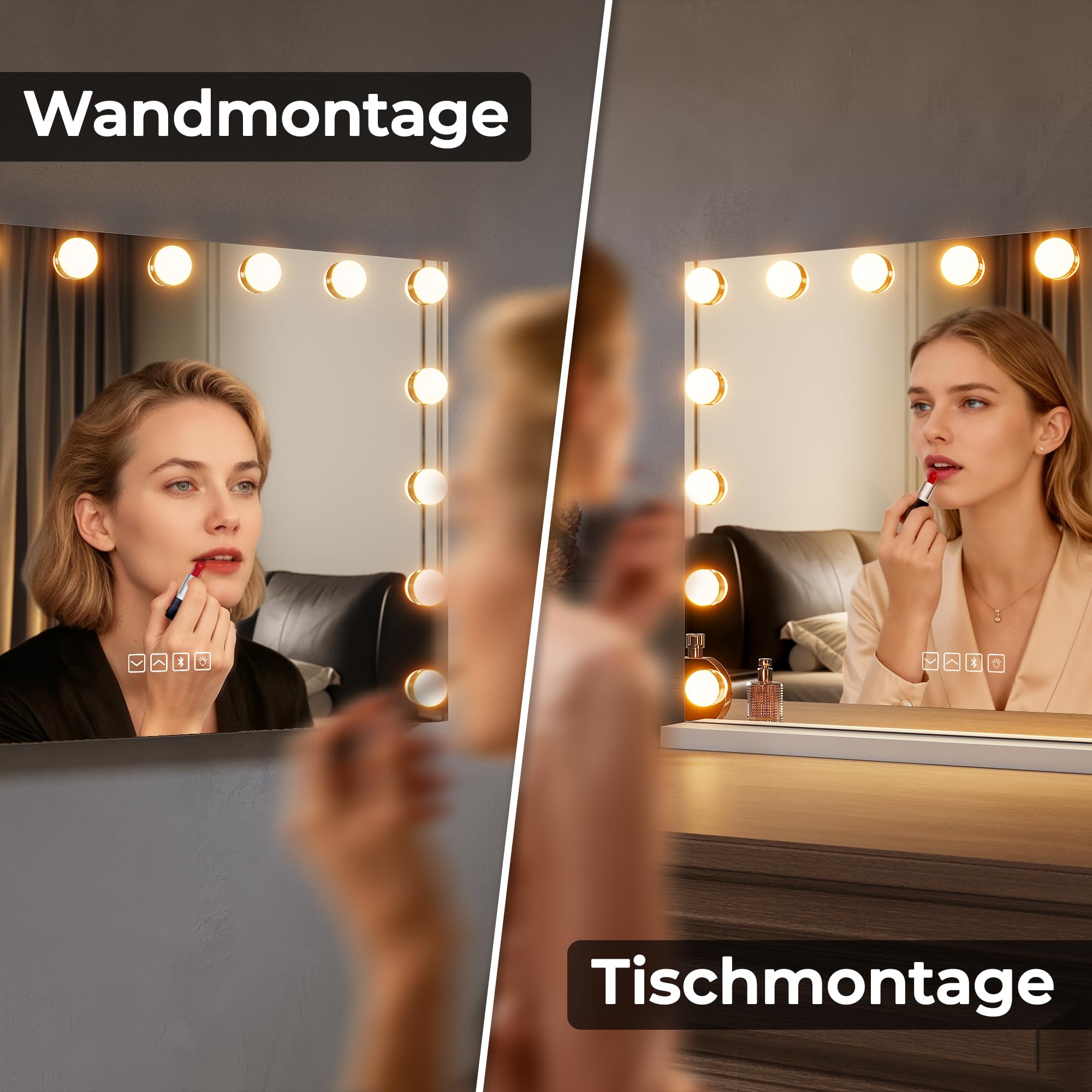 Hollywood Schminkspiegel mit Licht, Dreifarbiges Licht, Einstellbare Helligkeit, 58 x 45, Smart Touch Schalter und Memory Funktion, Mit Bluetooth