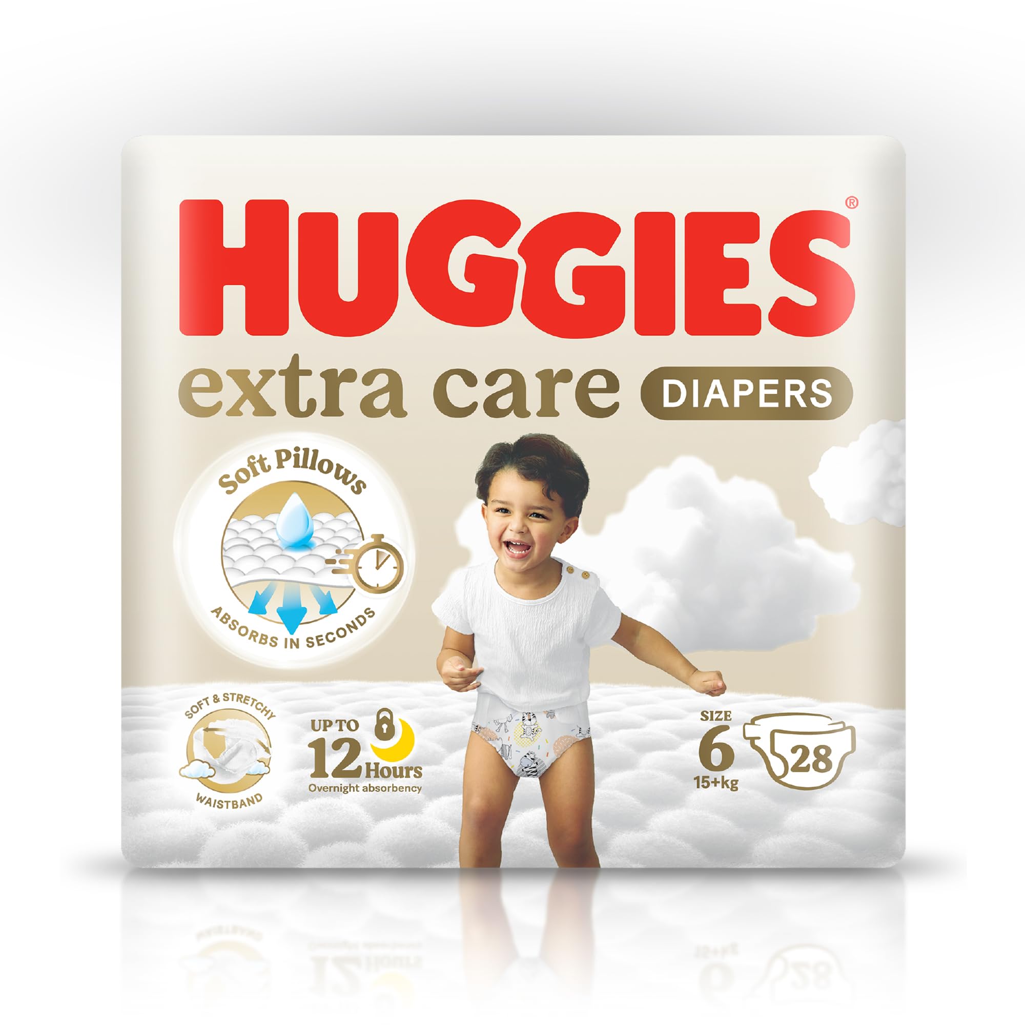 Huggies Extra Care Size 6 Baby Diapers Value Pack, 28 Count – Maximum Absorbency Nappies with Wetness Indicator & Secure Stretch Fit for Toddlers 13-18 kg & Up