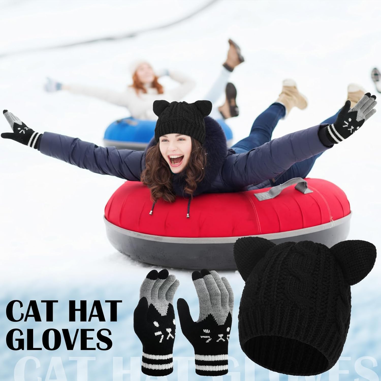 Ramede Women's Cute Cat Ears Beanie and Touchscreen Gloves Set, Double-layered Knitted Winter Hat Warm Woollike Crochet Ski Headgear and Knit Gloves New Year Anime Gifts for Women for Cold Weather - Image 6