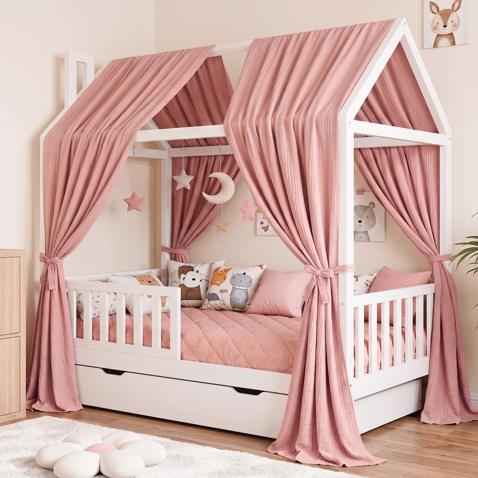 Hausbett Himmel - Betthimmel Hausbett aus 100% Baumwolle Musselin, Hausbett Vorhang für Kinderbett, Hausbett Deko Mädchen, Stoffhimmel für Hausbett & Himmelbett (Rosa, H350 x B135 cm (2 Stück))