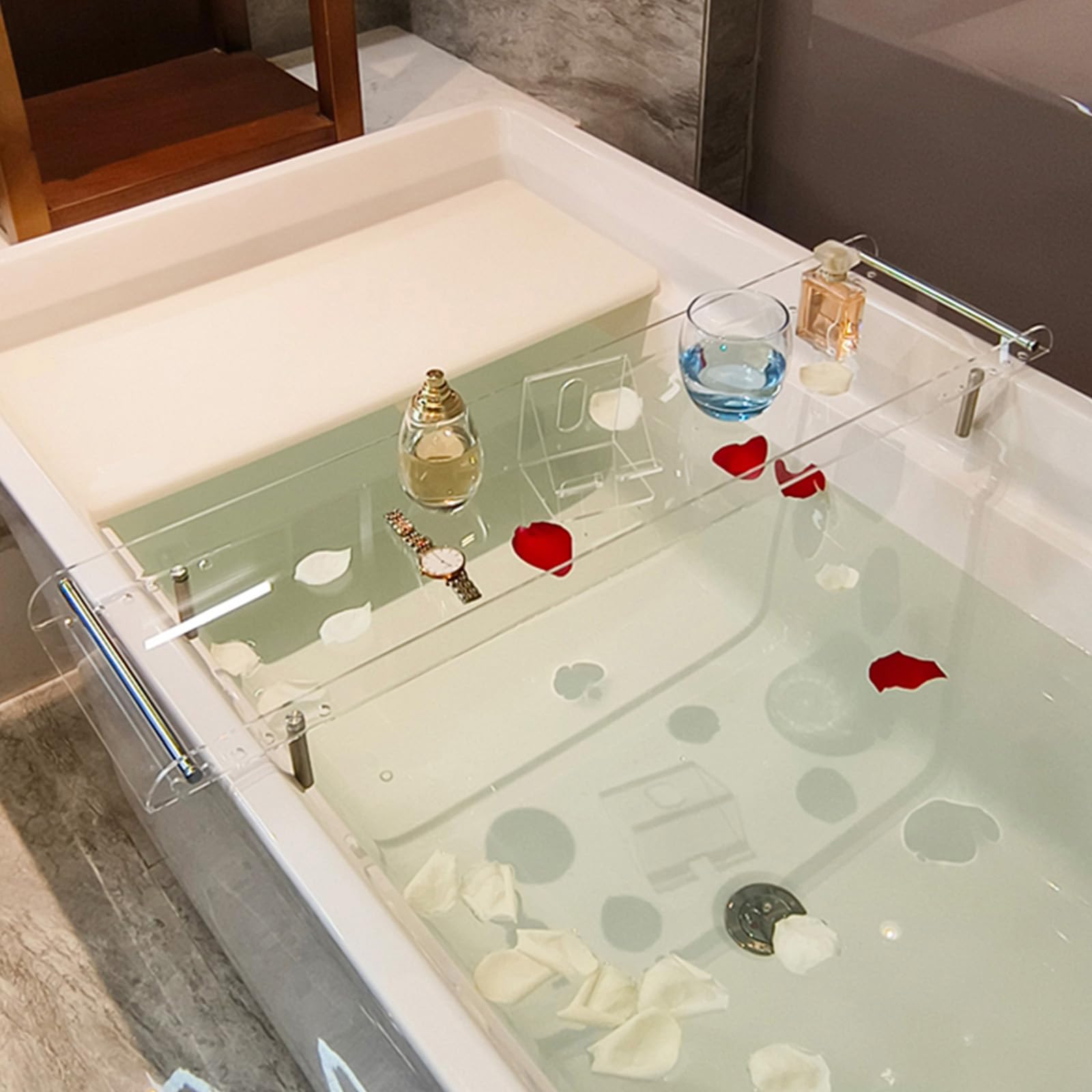 Badewannentabletts, verstellbares Badewannentablett aus Acryl, Badewannenablage, Badewannenablage, Ablage für die Badewanne, Badezimmer-Organizer, transparente Parfümablage, Arbeitsplatte, t