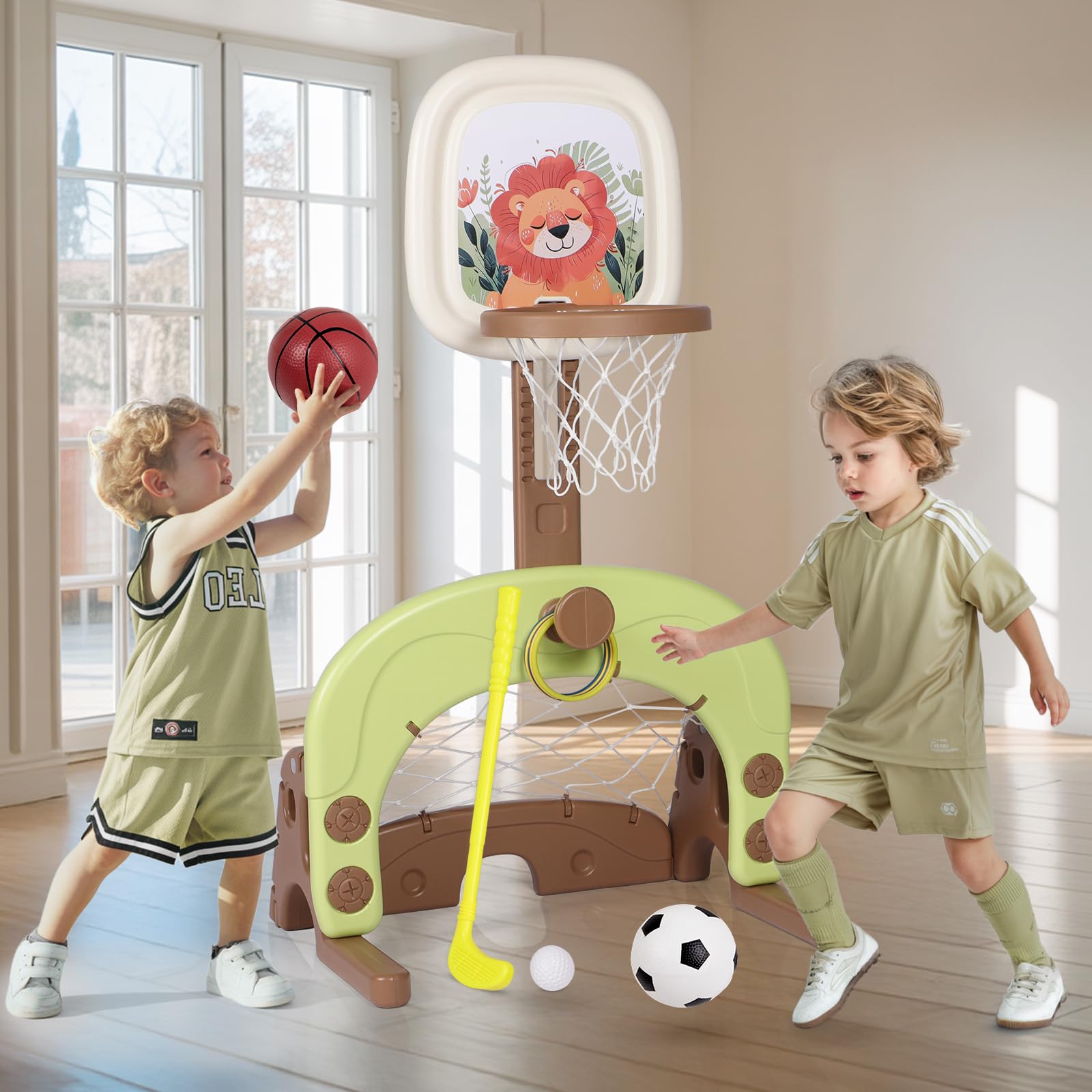 Basketball Hoop Set, 4-in-1 Kids Basketball Stand Sports Activity Center Adjustable Easy Score Basketball Hoop with Golf,Football/Soccer Goal/Ring Toss, Best Gift for Toddlers Kids Boys & Girls