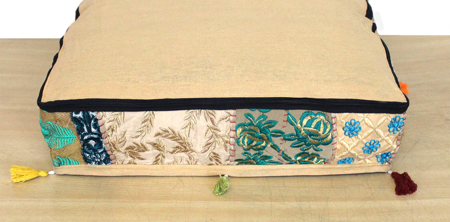 CRAFT KALA Indian Square Patchwork Traditional Pouf Cover Indian Living Room Poufs Decorative Embroidered Designer Ottoman Home Living Footstool Chair Cover Decor Pillow Cover 22x22x5 inches, Camel