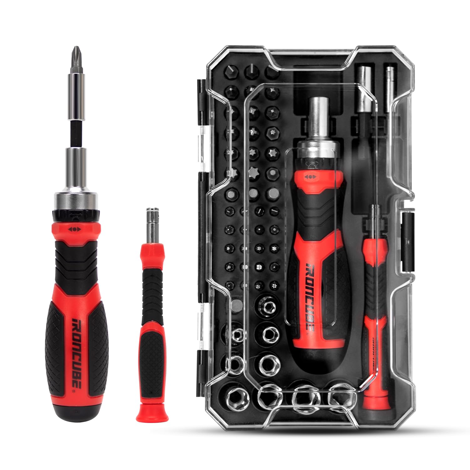IRONCUBE Multi Screwdriver Set, Ratcheting Handle, Magnetic Bits & Sockets With Case - 56 Piece