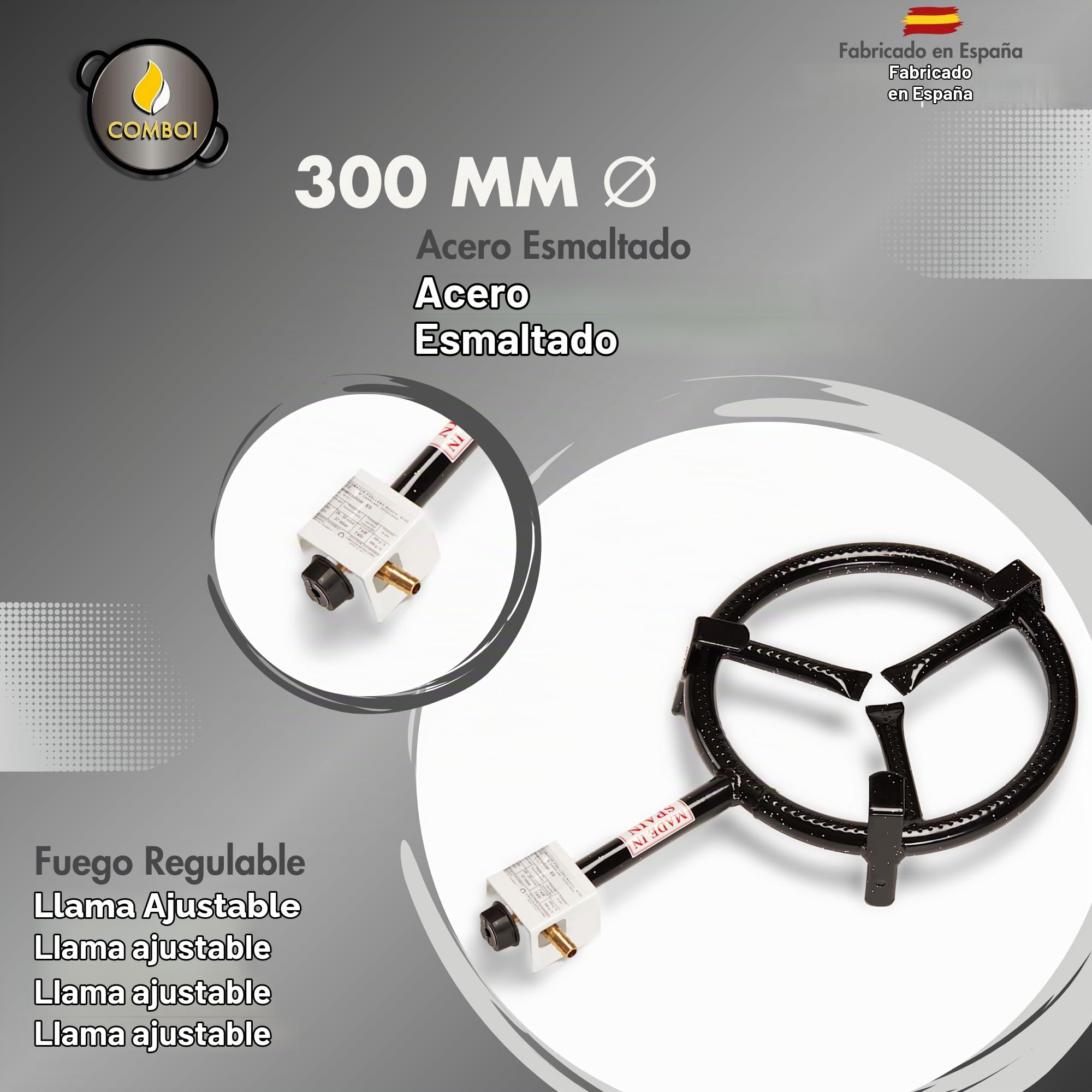 COMBOI Paellero gas butano 30 cm, paella Kit Quemador, paellera esmaltada de 42 cm, Regulador de gas, Manguera, Patas Soporte, nivel, delantal, Libro de Recetas digital