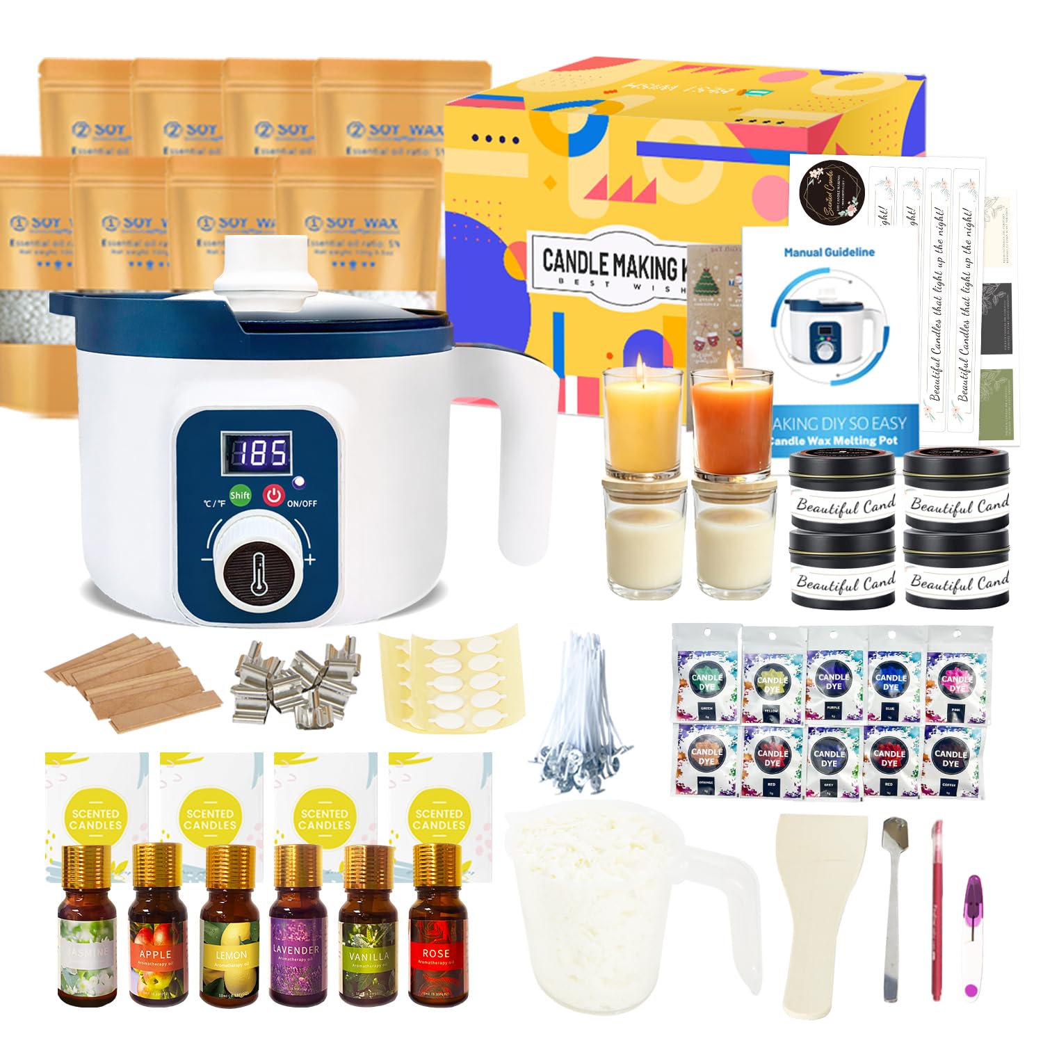 KQU Kerzen Selber Herstellen Set mit Digitalem Wachsschmelztopf, Komplettes Duftkerzen-Set für Kunst Und Handwerk, Deko für Kerzen Selber Machen