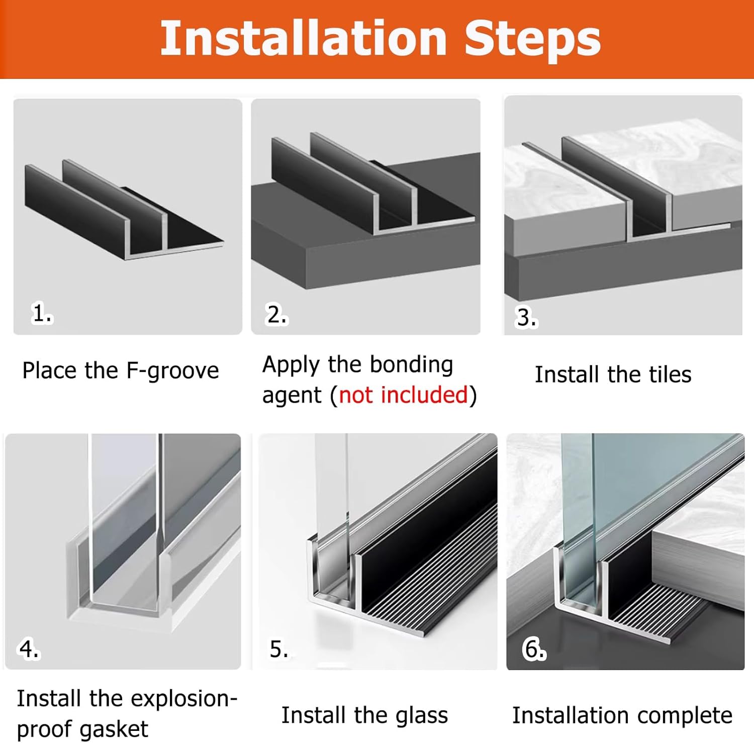 2 Packs Glass Railing Base Rail Channel，Aluminum Frameless Shower Base Shoe fit 0.3 0.4 0.5" Thick Glass，3.3ft T F-Type Recessed Glass Channel Cutable(F-Type Gray,0.3in/8mm)