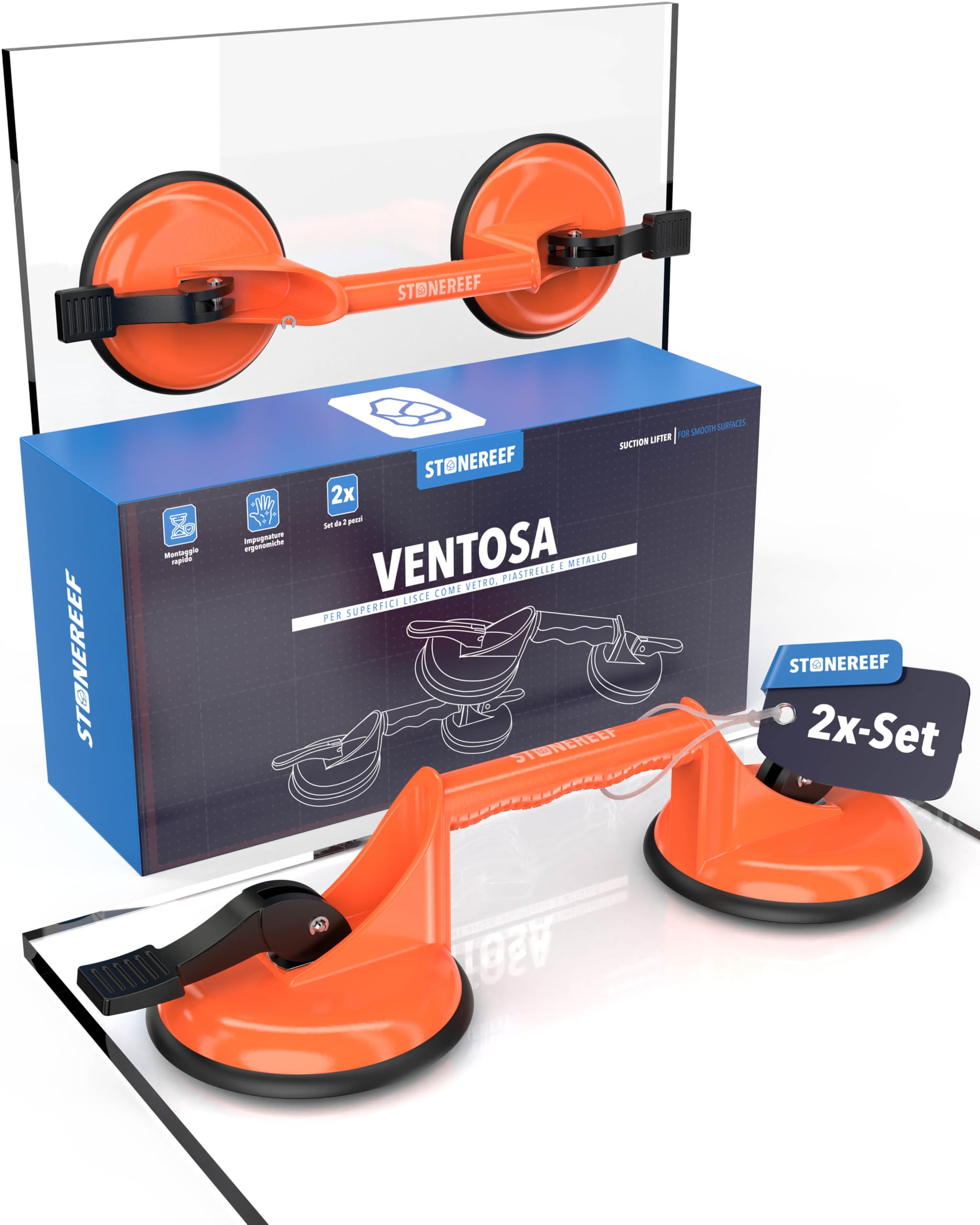Sollevatore a ventosa Heavy Duty (confezione da 2) – 100 kg sollevatore sottovuoto in alluminio – Sollevatore professionale per piastrelle, vetro, terrazze, laminato e dischi – Utensili per