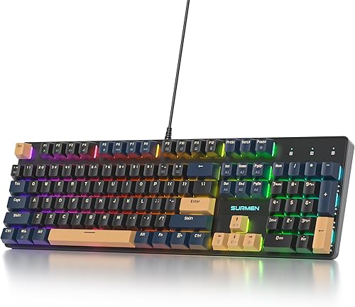 Miniatura 10 de surmen Teclado mecánico marrón con cable de tamaño completo, teclado Thocky RGB de 104 teclas con teclado numérico USB Retro PBT teclas para juegos