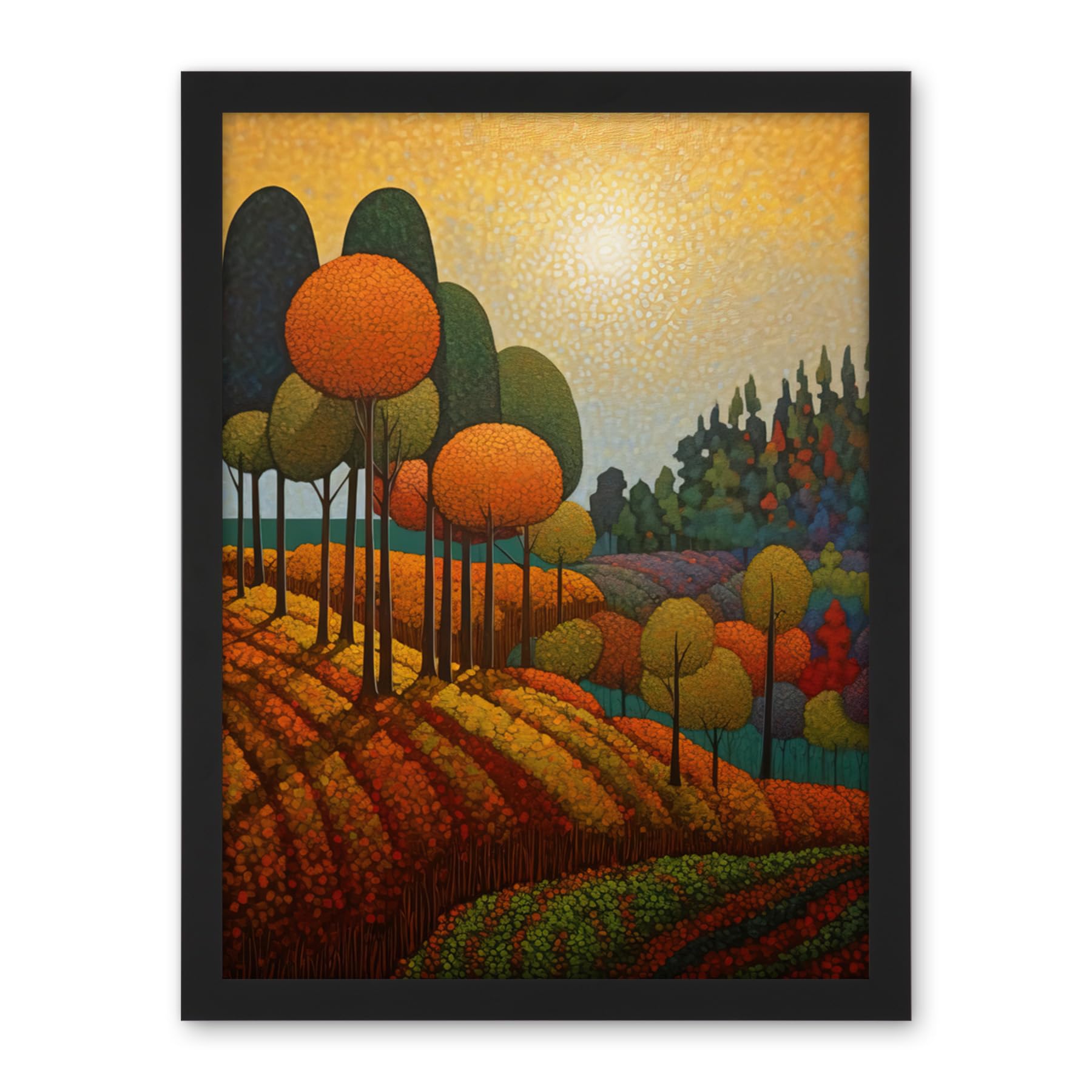 Artery8 Autumn Fields Pointillism Painting Amber Orange Green Countryside Landscape Artwork Framed Wall Art Print 18X24 Inch