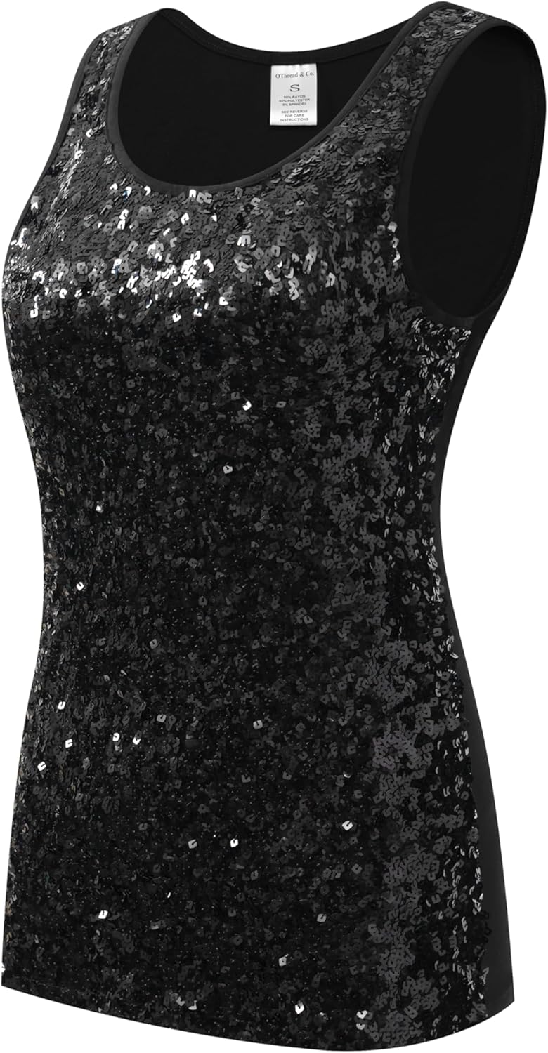 OThread & Co. Women's Glitter Sequin Tank Top Sleeveless Scoop Neck Night Out Party Top - Image 3