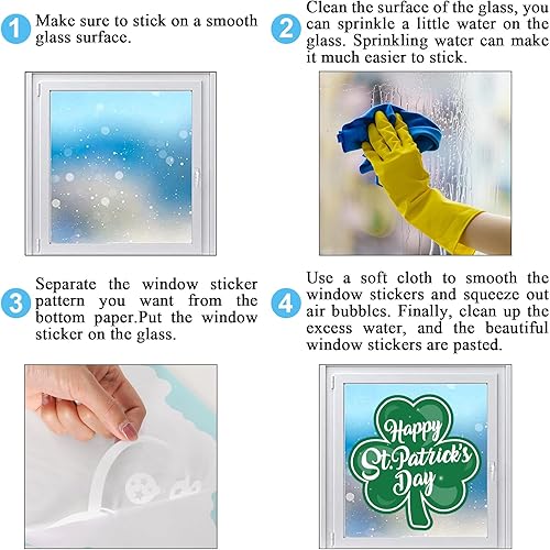 Miniatura 7 de Whaline 9 hojas de calcomanías para ventana del día de San Patricio, trébol verde, decoración de ventana de trébol de la suerte de doble cara para