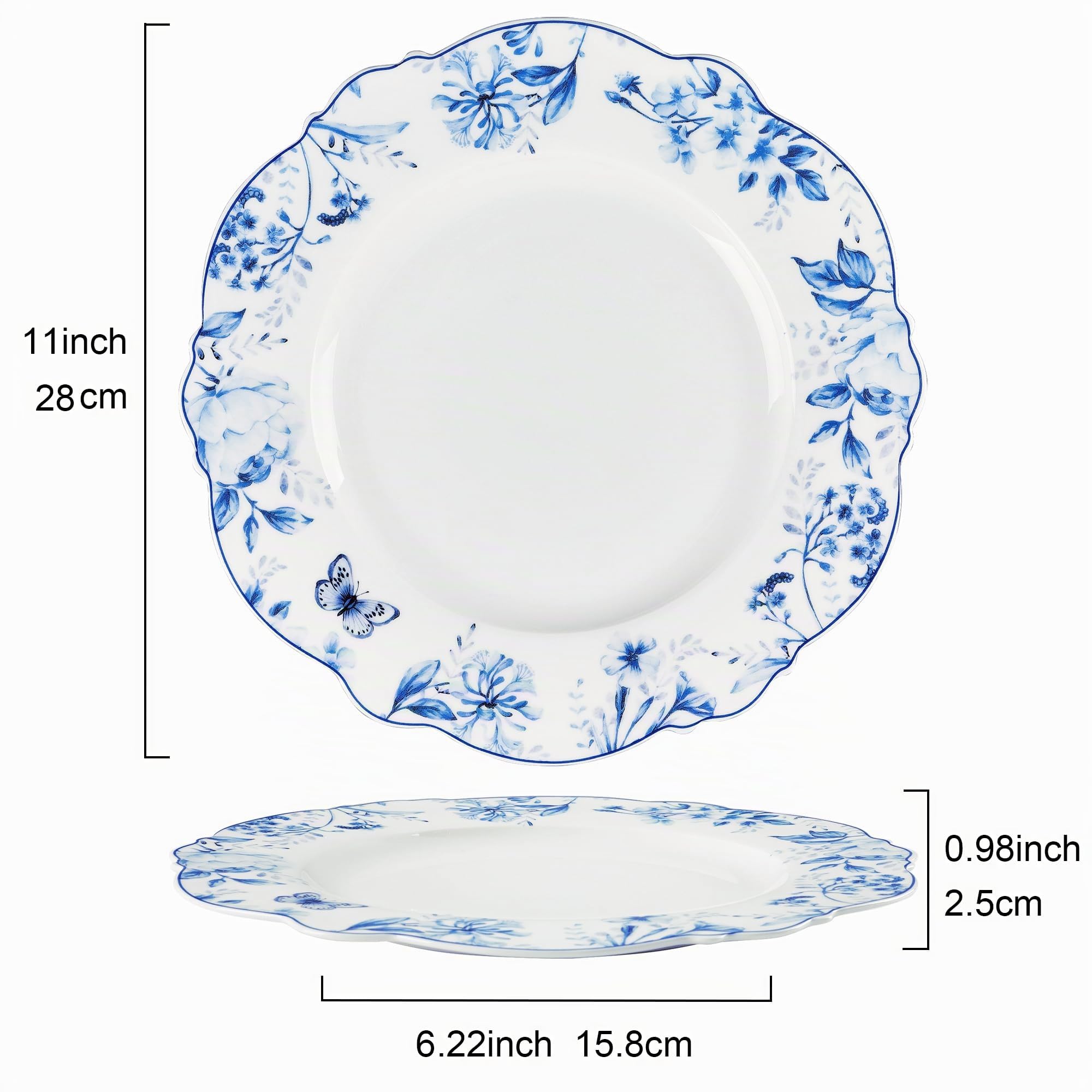fanquare Keramik Teller 4-er Set, Runde Speiseteller Porzellan Blaues Blumen Muster, Geschirr Tellerset Ø 27 cm Essteller Service | Keramik-Servierteller für tägliche Mahlzeiten, Party, Bankett, mikrowellengeeignet