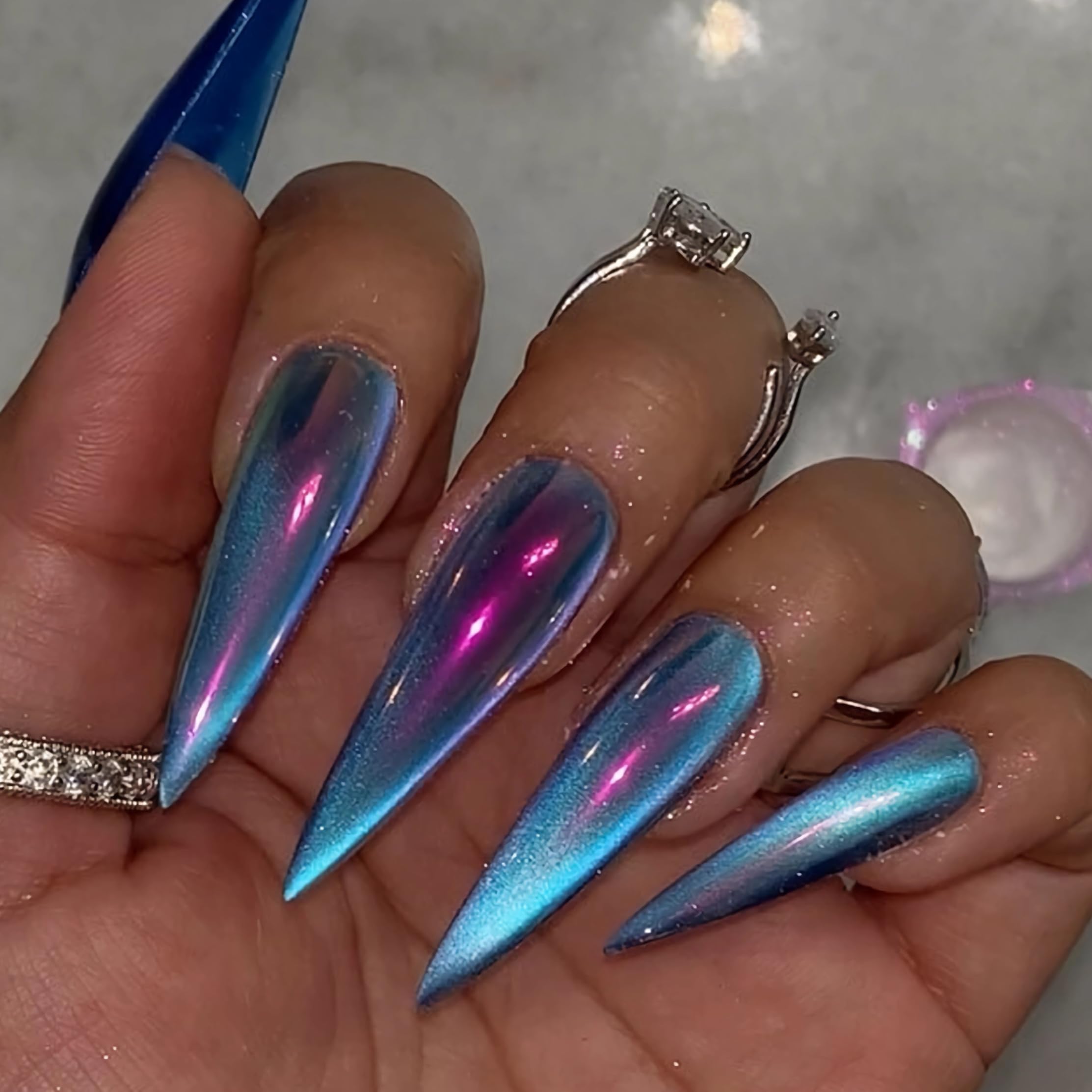MERVF Long Press on Nails Stiletto Fake Nails Blue Cat Eye Glue ons with Electroplate Chrome Design Almond Acrylic False Nail for Women Glossy 24pcs