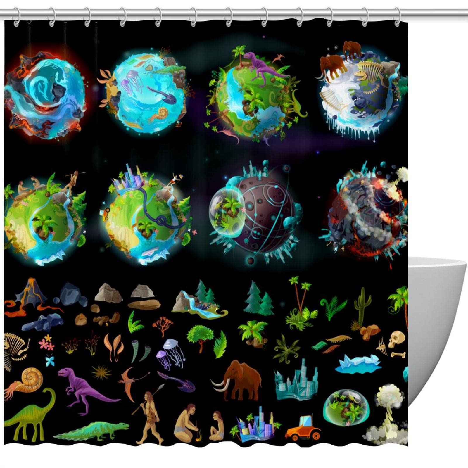 Rideau de douche imperméable de 183x183 cm coloré aux motifs des étapes de l'évolution